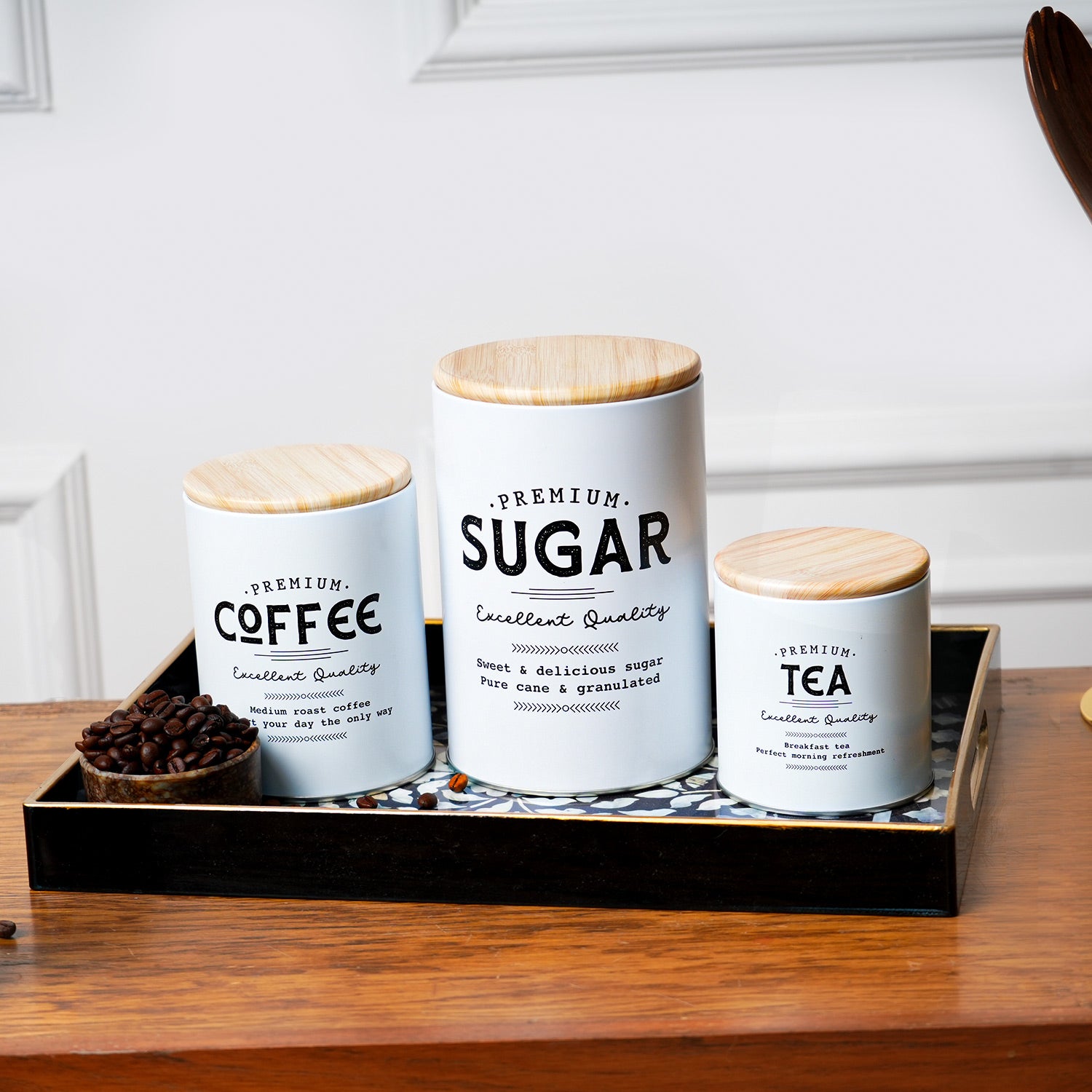 MARKET99 White Iron Coffee, Tea & Sugar Jars - (1000 ml Each, Set Of 3)