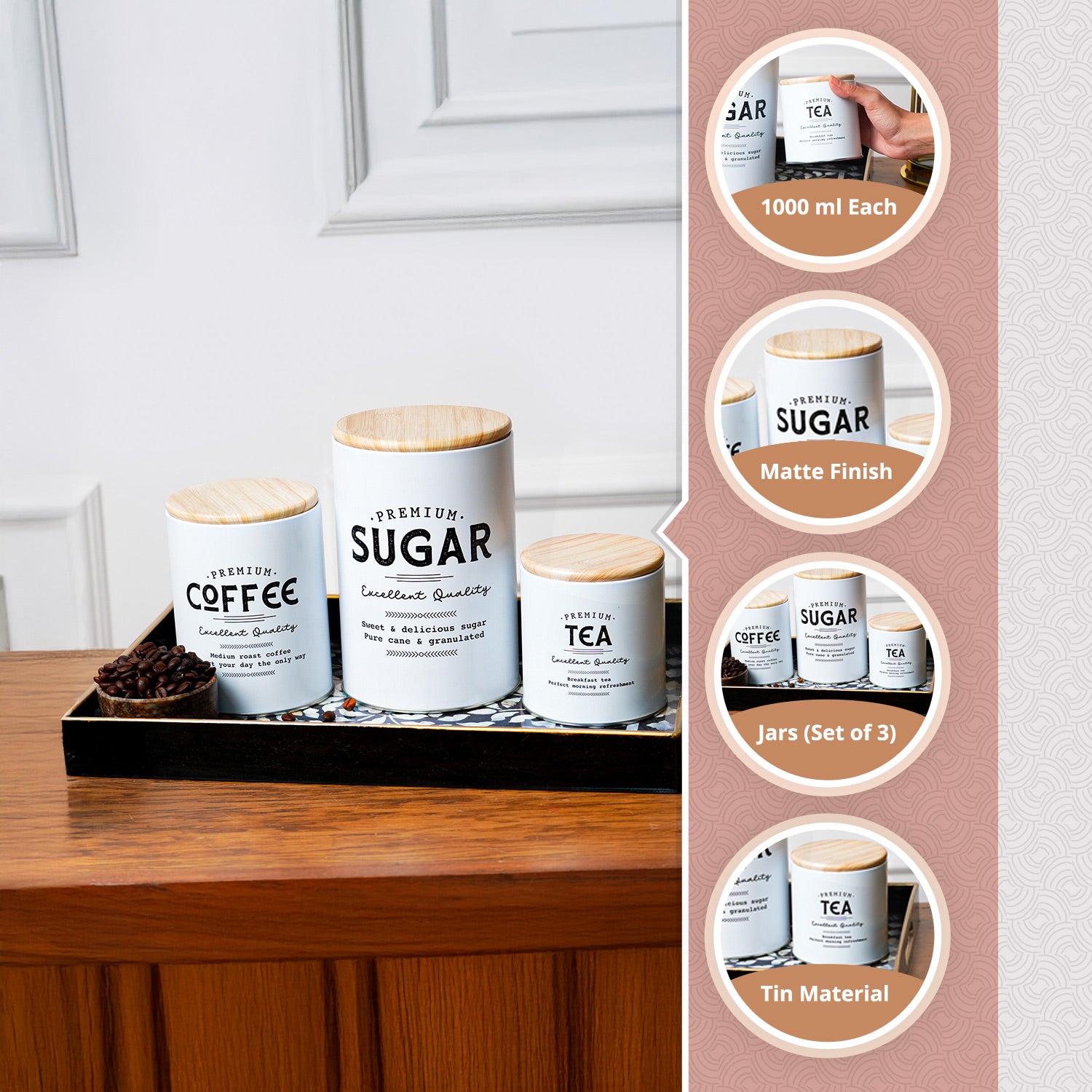 MARKET99 White Iron Coffee, Tea & Sugar Jars - (1000 ml Each, Set Of 3)