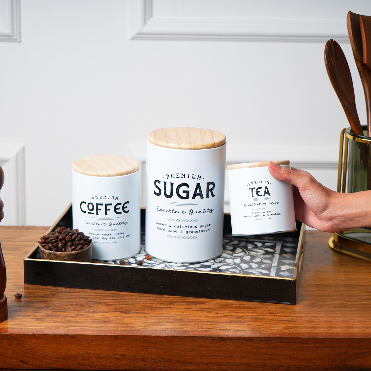 MARKET99 White Iron Coffee, Tea & Sugar Jars - (1000 ml Each, Set Of 3)