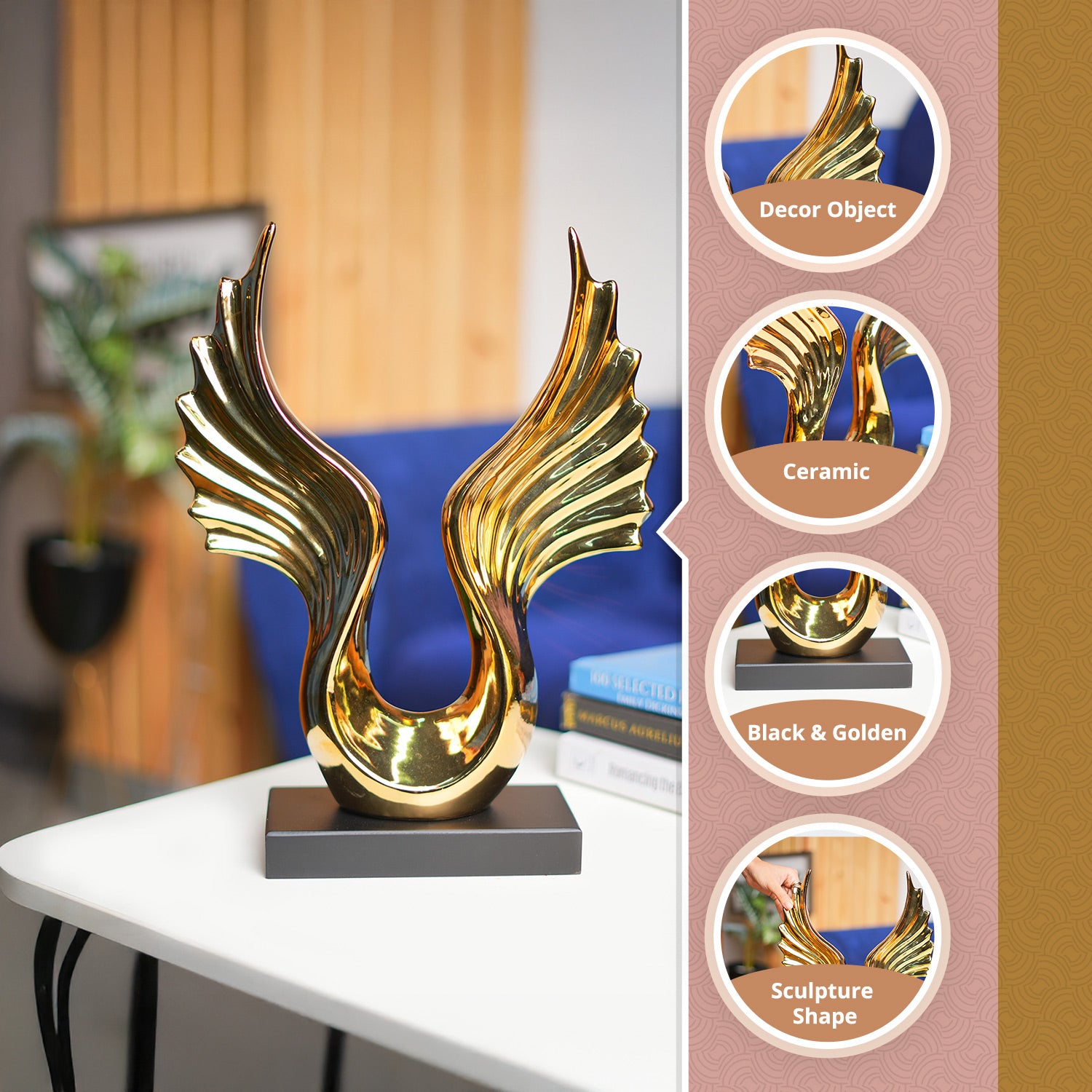 MARKET99 Black & Golden Ceramic Wing Sculpture Decor Object
