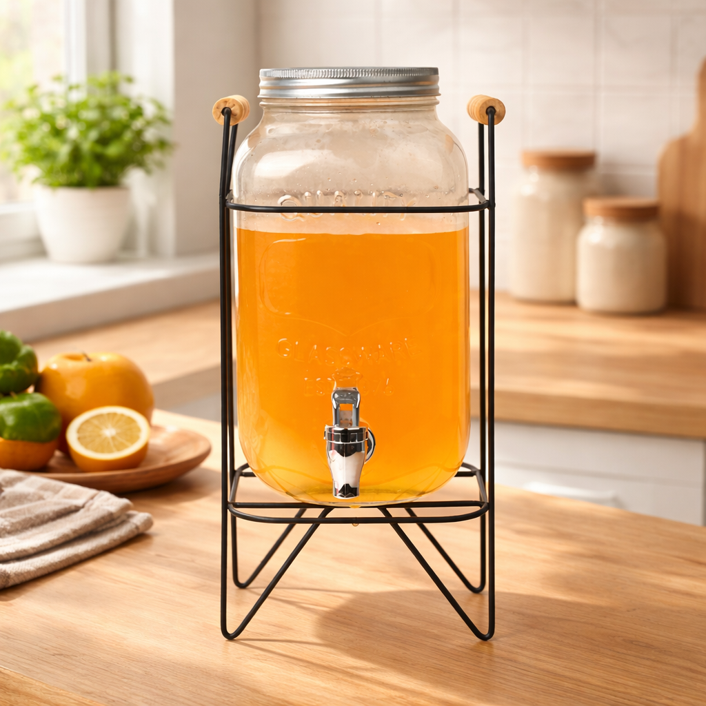 Glass Drink Dispenser with Tap & Metal Stand for Juice, Water & Beverages