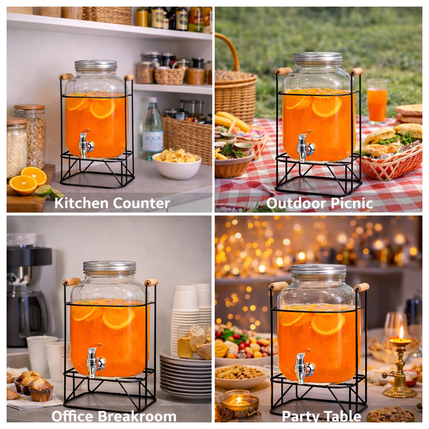 Glass Drink Dispenser with Tap & Metal Stand for Juice, Water & Beverages