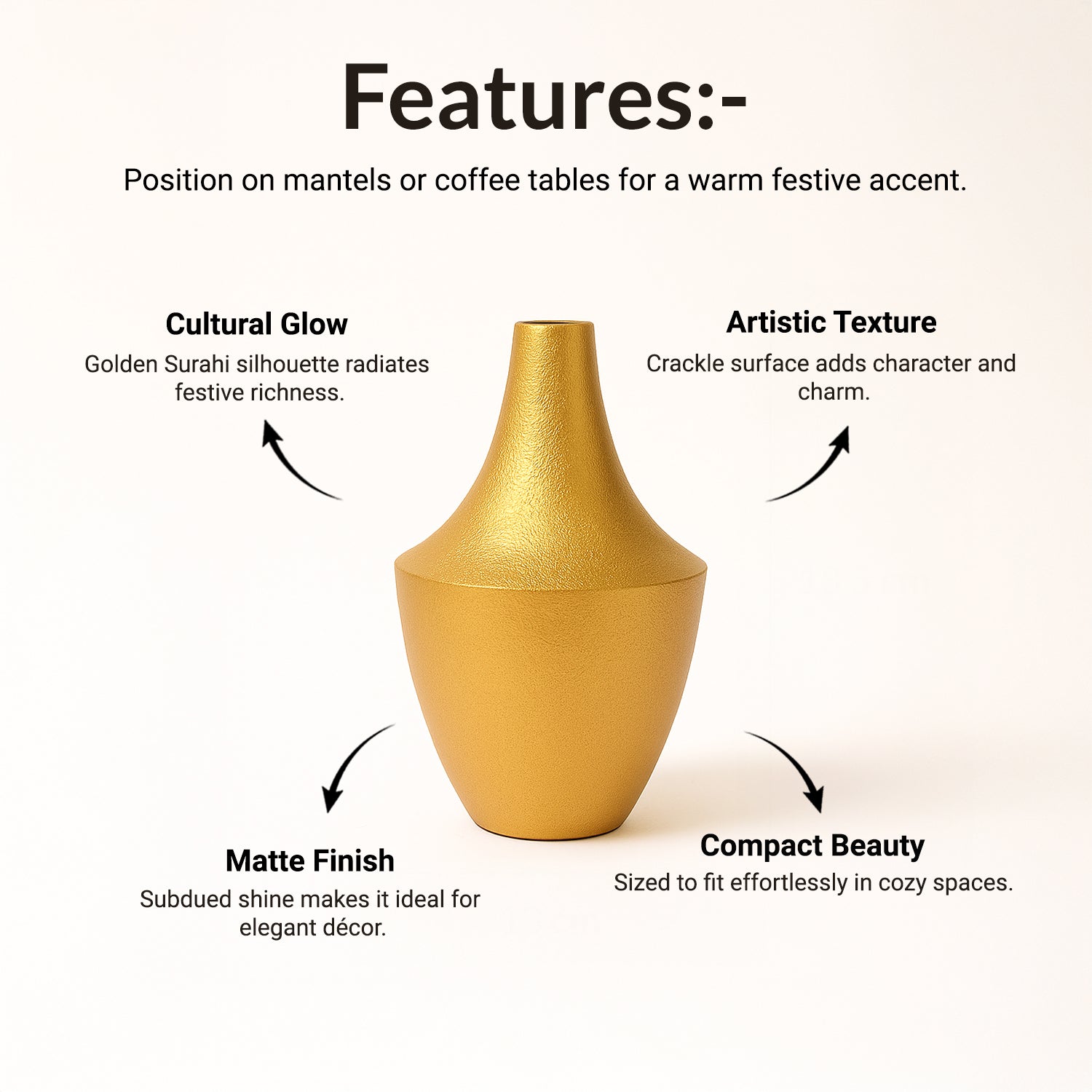 VON CASA Small Golden Surahi Flower Vase – (18.5 CM)