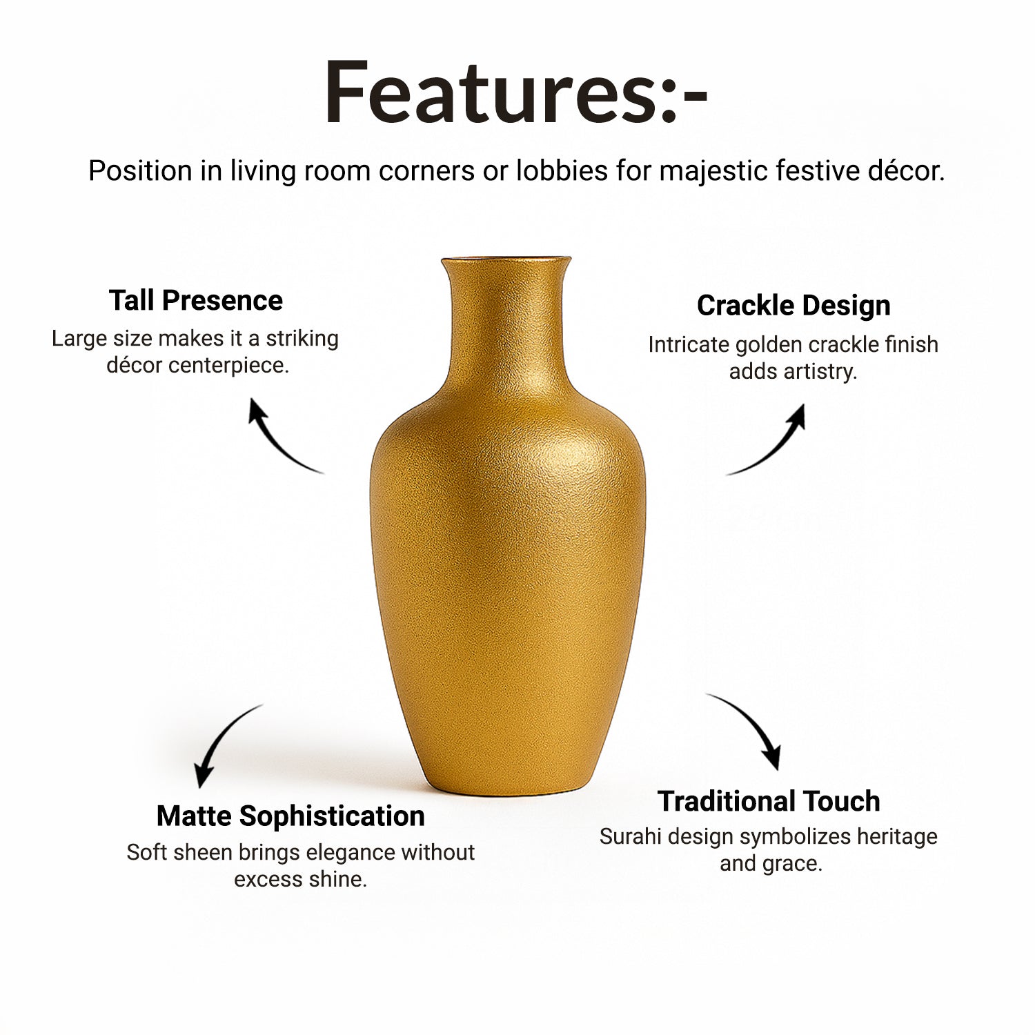 VON CASA Big Golden Surahi Flower Vase – Big (29 CM)