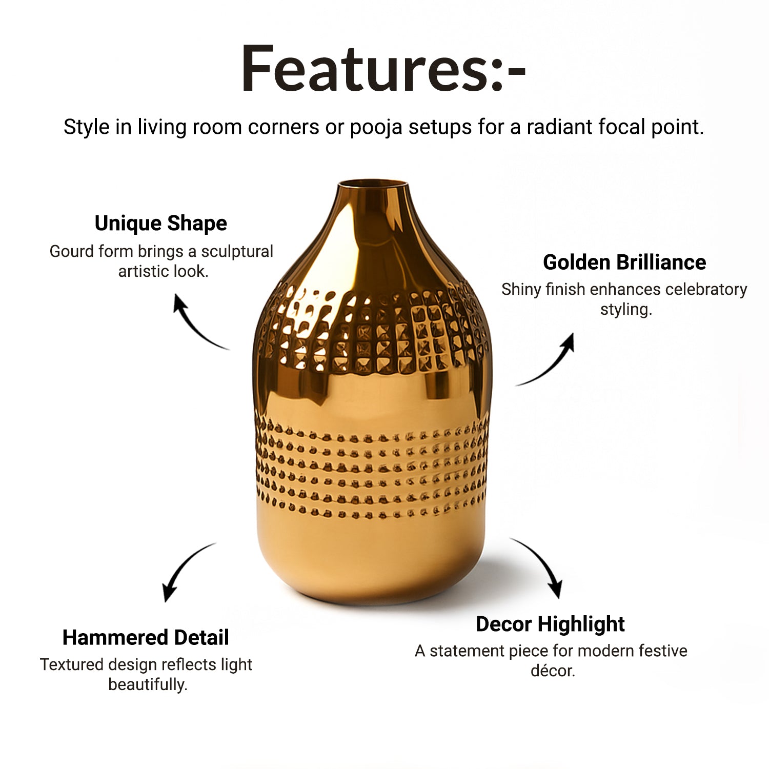 VON CASA Shiny Gold Vase – Gourd Shape (Shiny & Hammered Pattern)