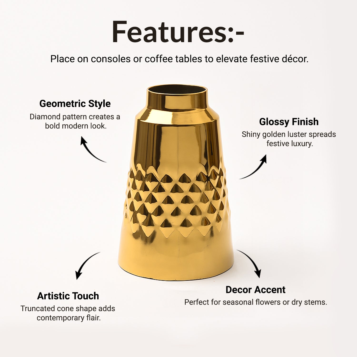 VON CASA Shiny Gold Vase – Truncated Cone (Shiny & Diamond Pattern)