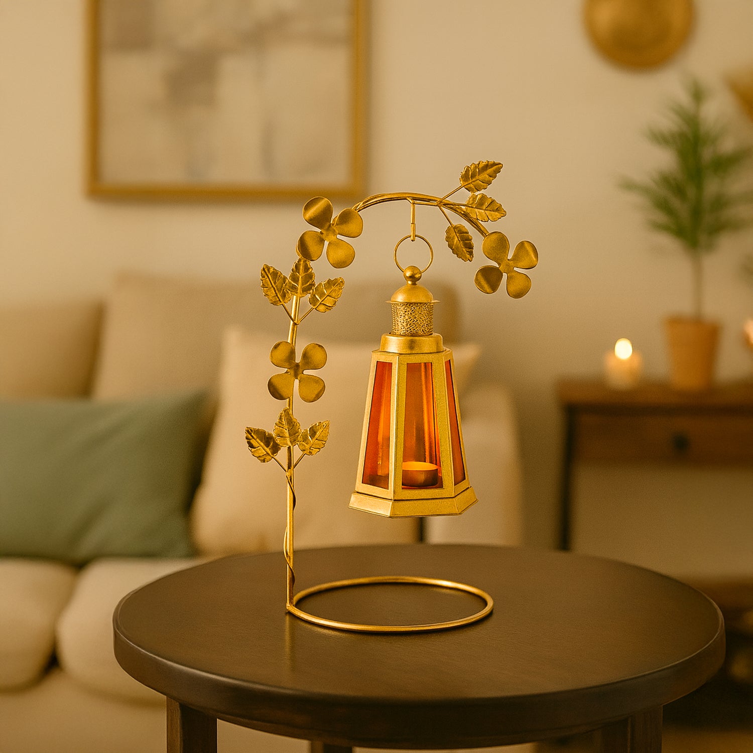 VON CASA Decorative T-Light With Stand - Red and Golden (Leaf Pattern)