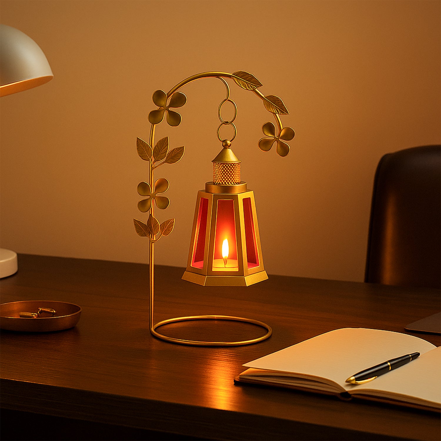 VON CASA Decorative T-Light With Stand - Red and Golden (Leaf Pattern)