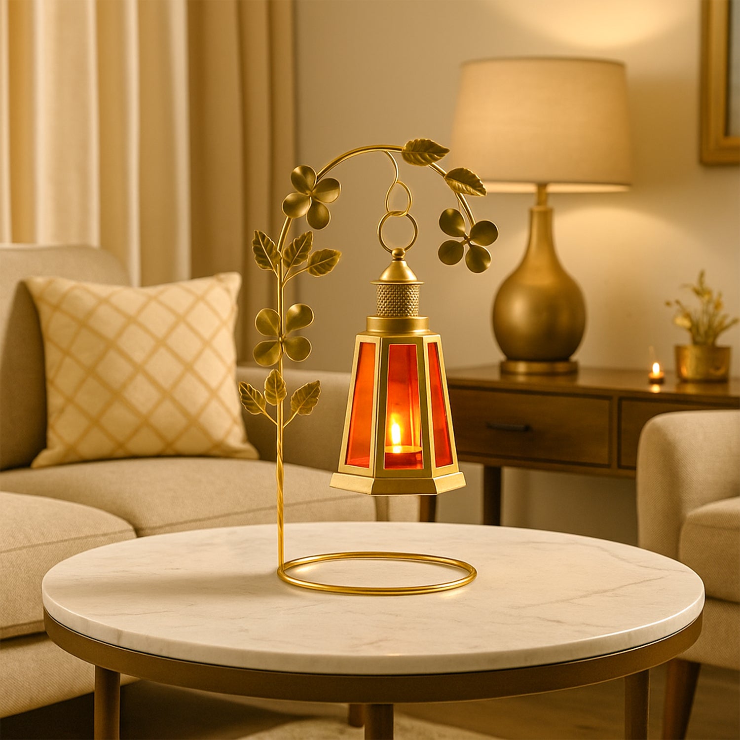 VON CASA Decorative T-Light With Stand - Red and Golden (Leaf Pattern)
