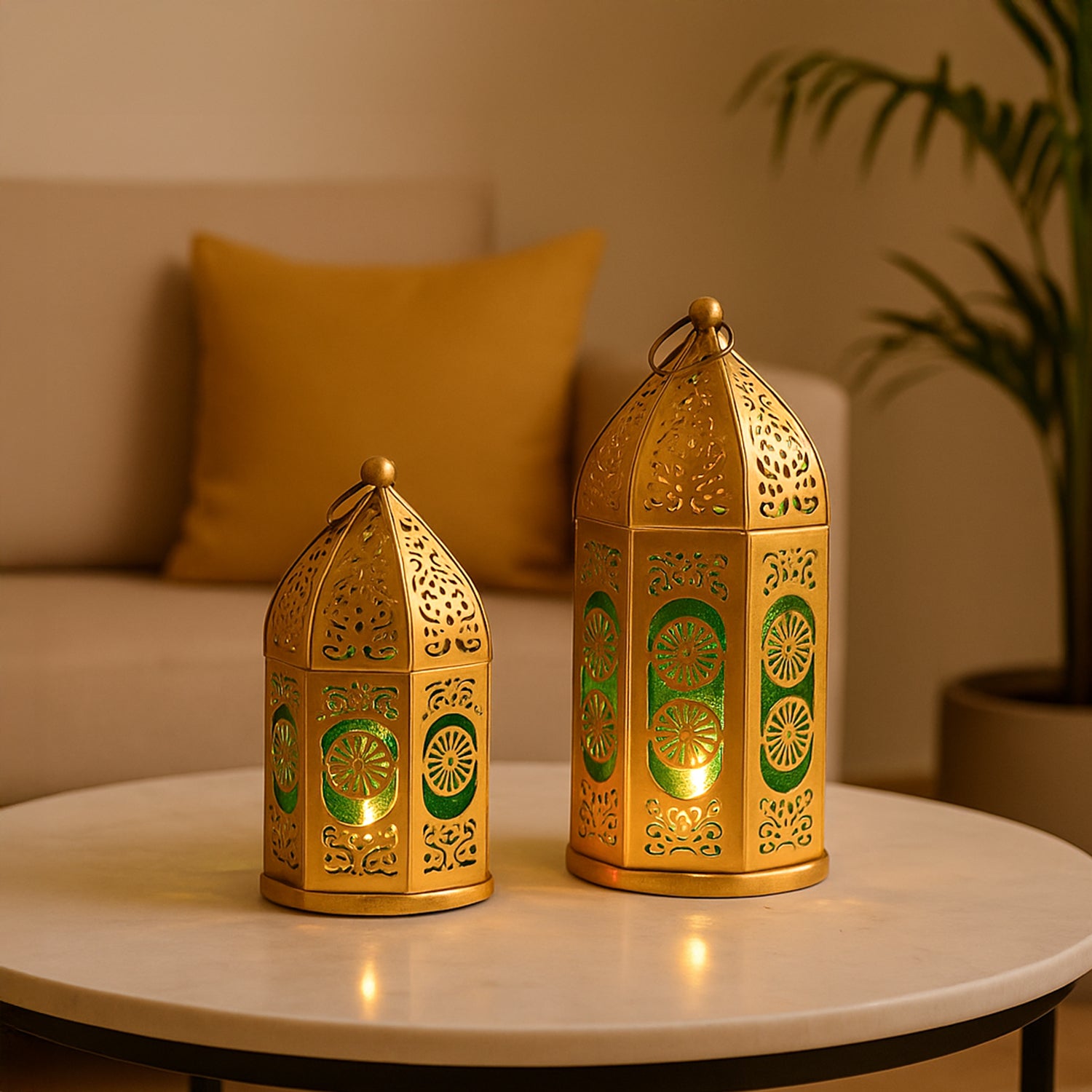 VON CASA Moroccan Lantern Set of 2 – Golden & Green (Domed Design)