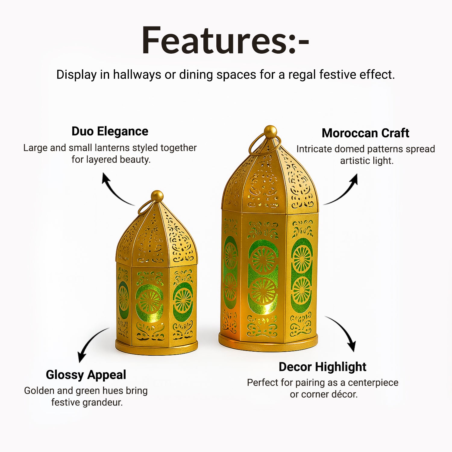 VON CASA Moroccan Lantern Set of 2 – Golden & Green (Domed Design)