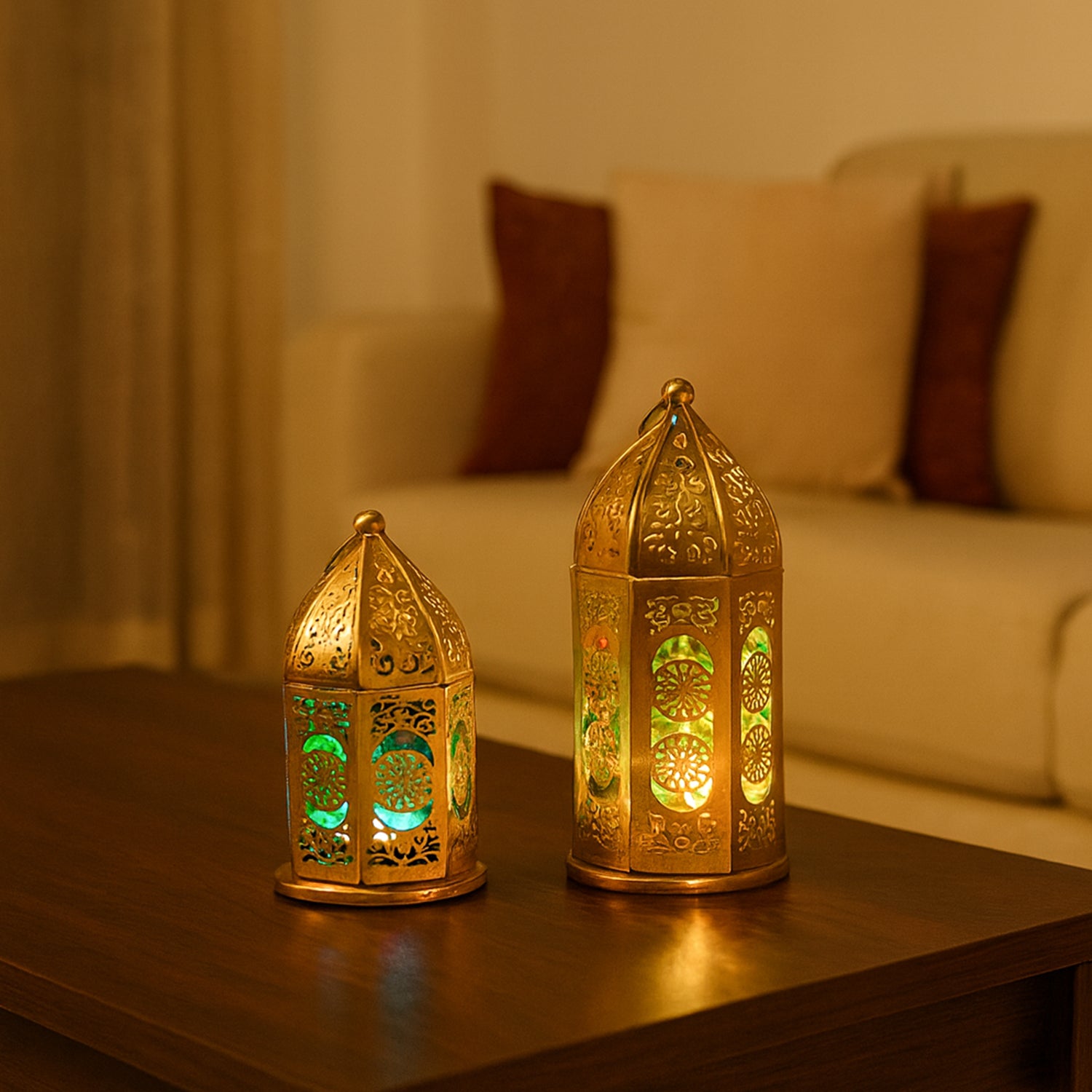 VON CASA Moroccan Lantern Set of 2 – Golden & Green (Domed Design)