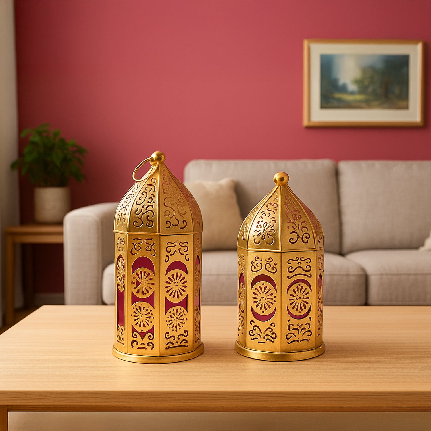 VON CASA Moroccan Lantern Set of 2 – Golden & Red (Domed Design)