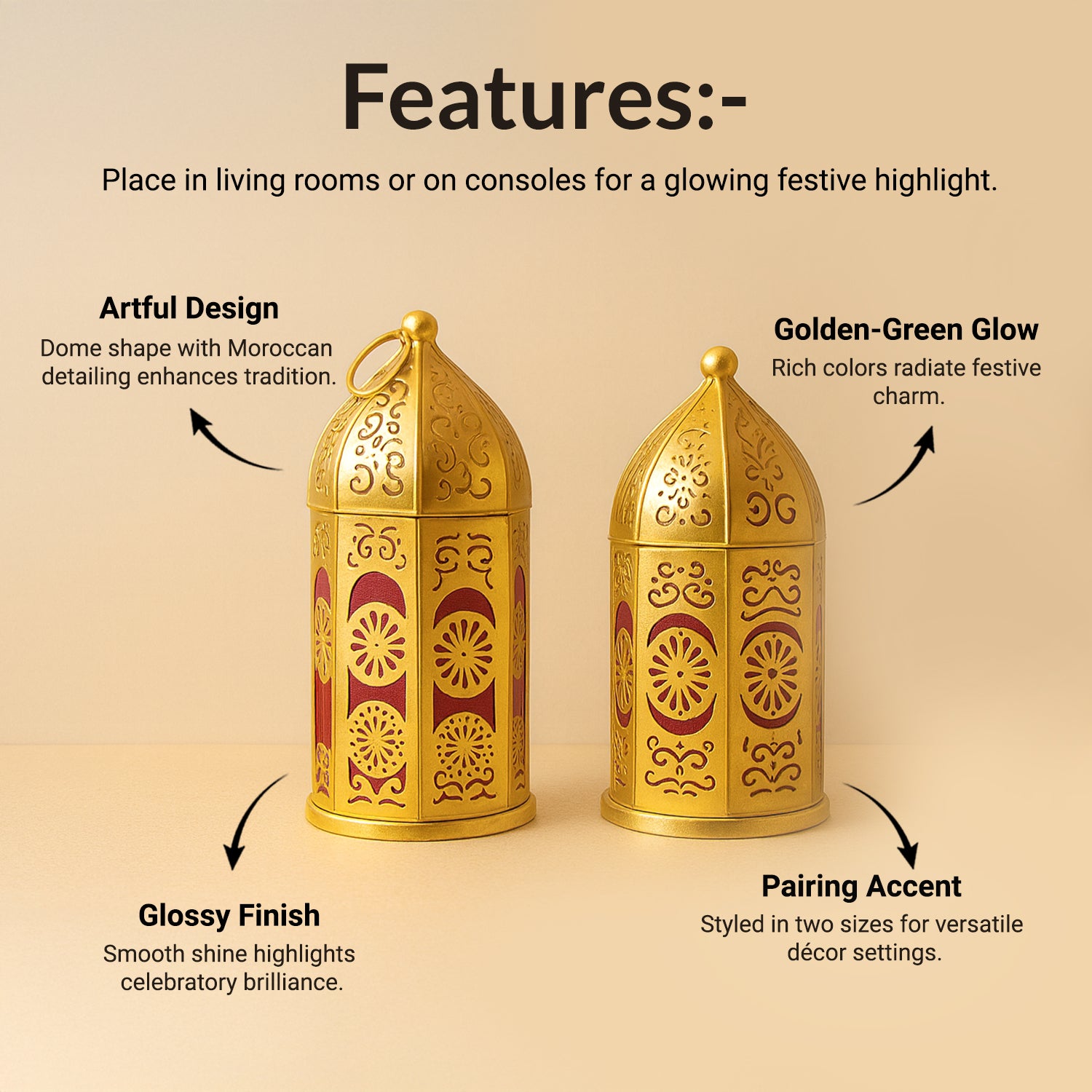 VON CASA Moroccan Lantern Set of 2 – Golden & Red (Domed Design)
