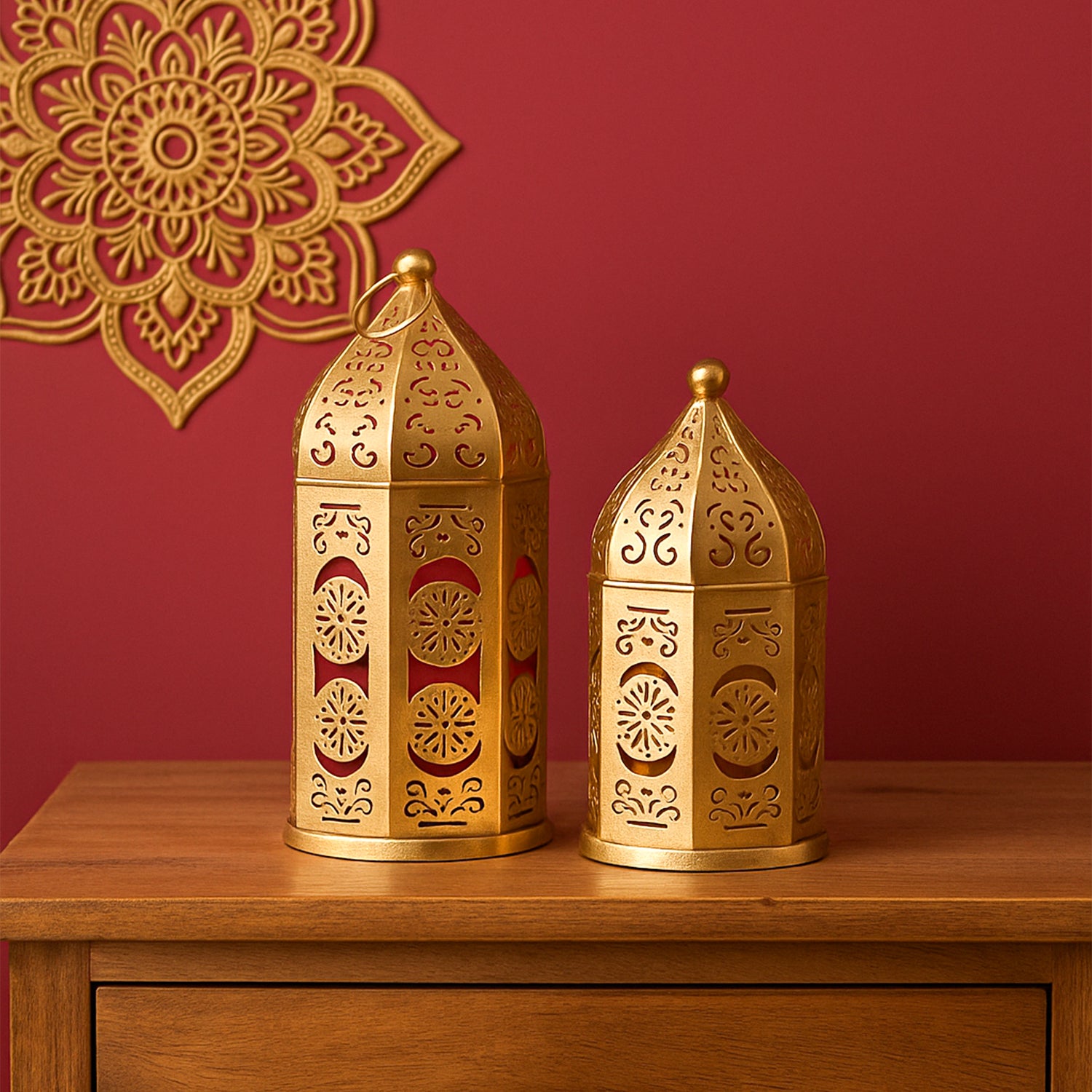 VON CASA Moroccan Lantern Set of 2 – Golden & Red (Domed Design)