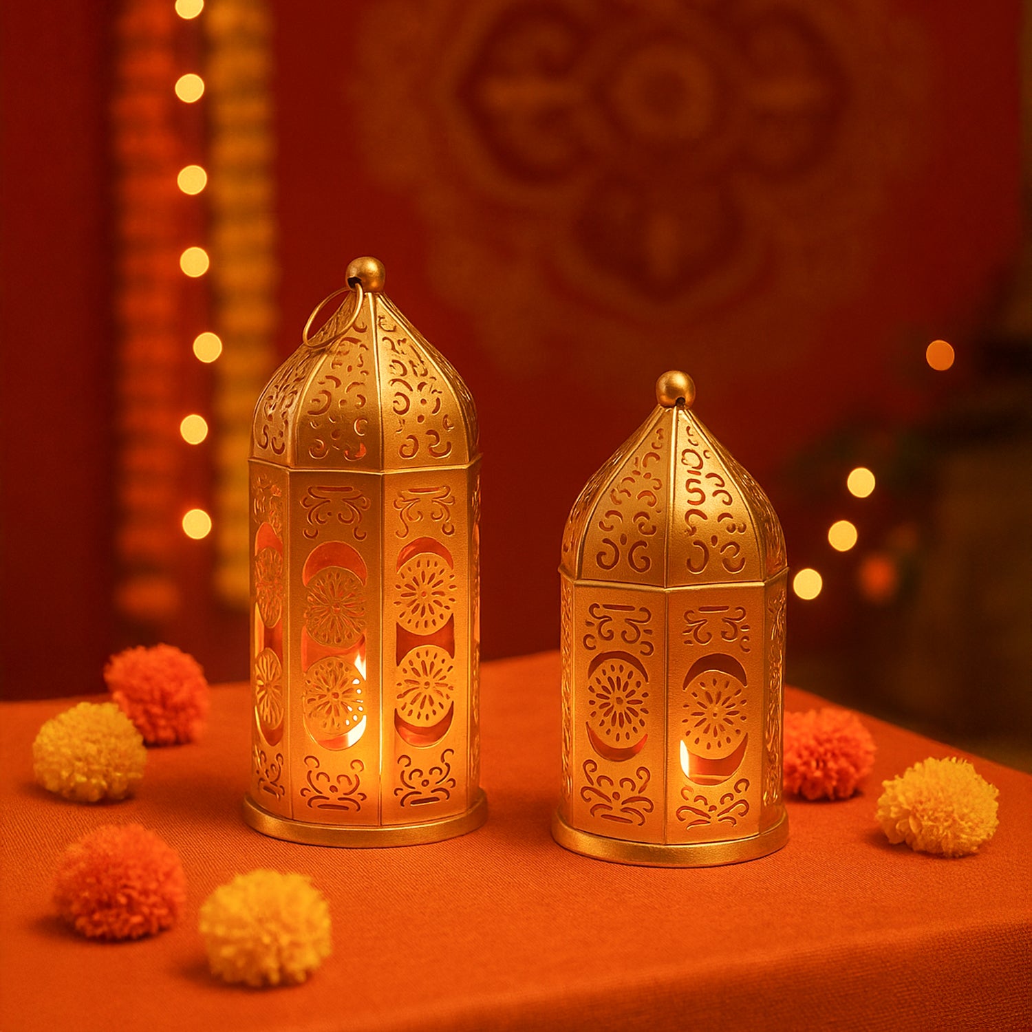 VON CASA Moroccan Lantern Set of 2 – Golden & Red (Domed Design)