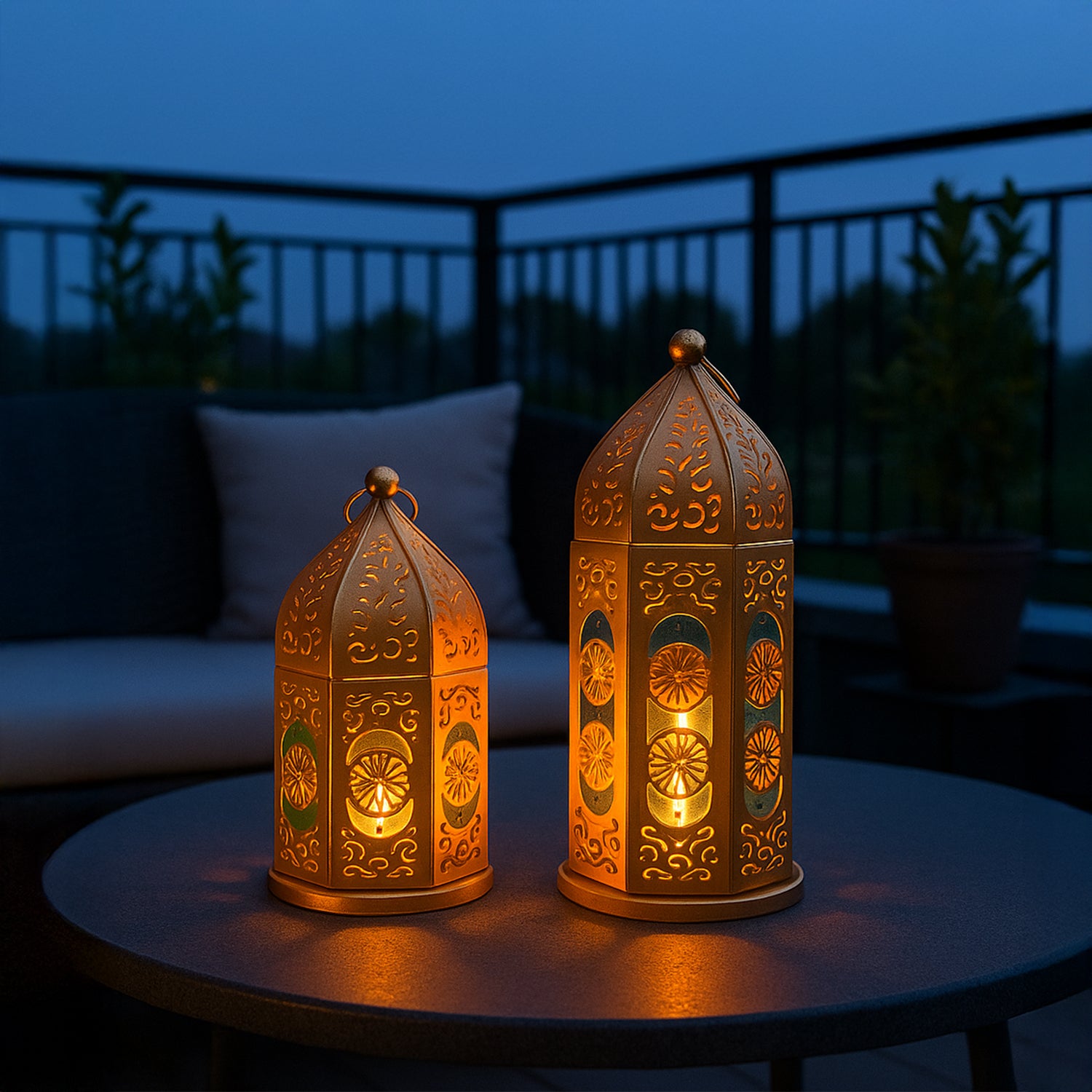 VON CASA Moroccan Lantern Set of 2 – Golden & Blue (Domed Design)