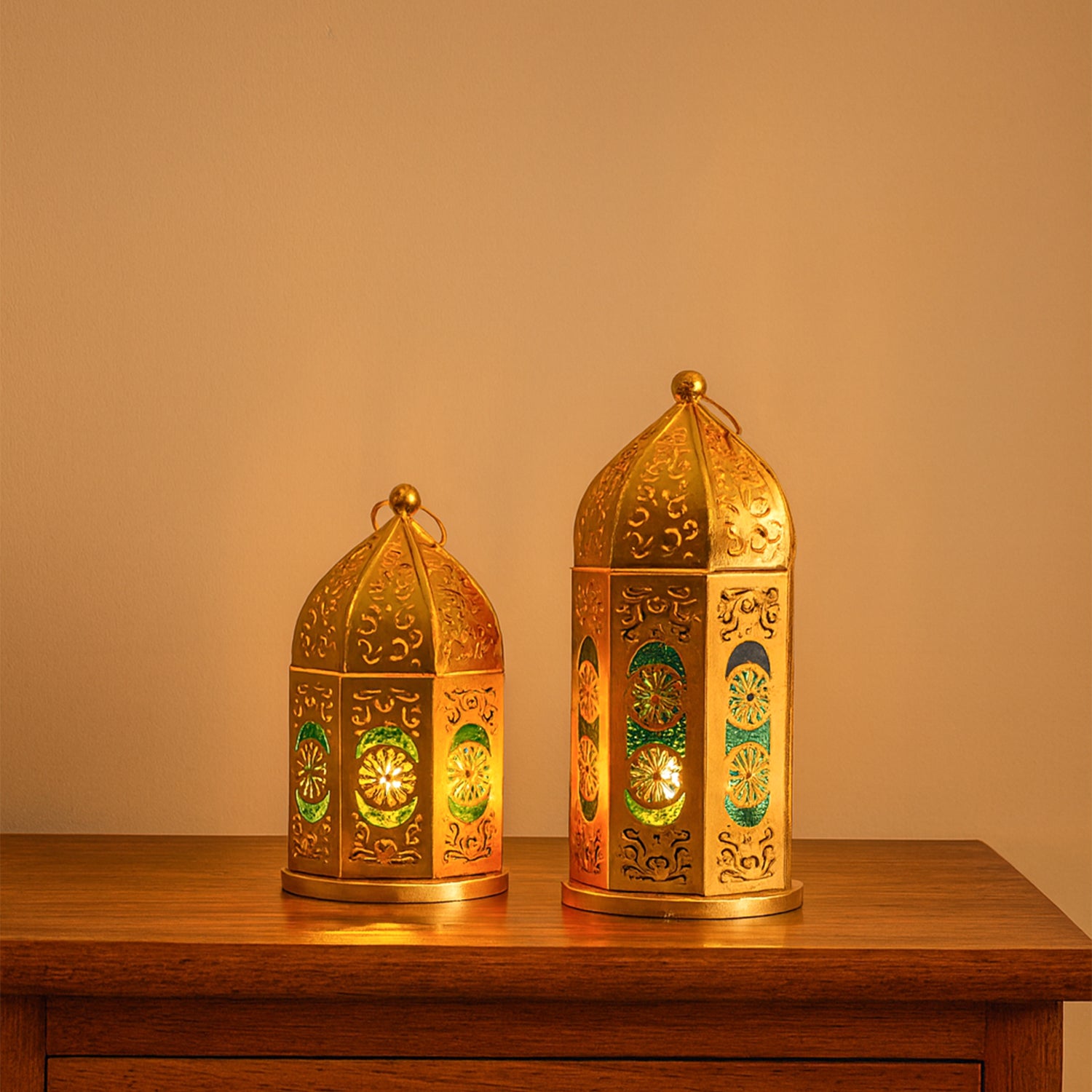VON CASA Moroccan Lantern Set of 2 – Golden & Blue (Domed Design)