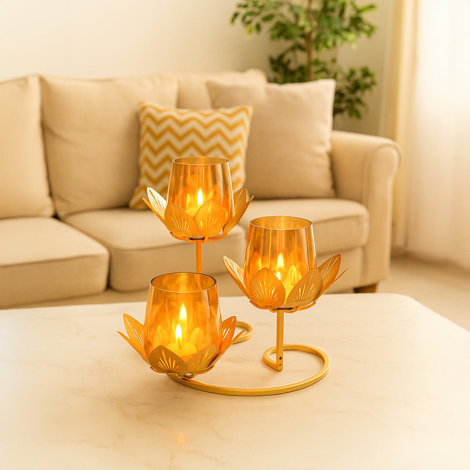 VON CASA 3 Votive T-Light Holder – Triple Lotus Design