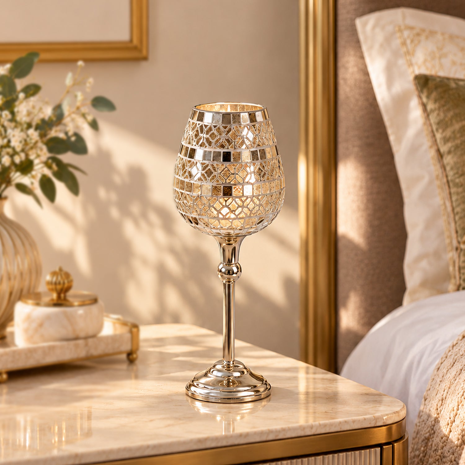VON CASA Goblet T-Light Holder (Big) – Silver Mosaic Elegance
