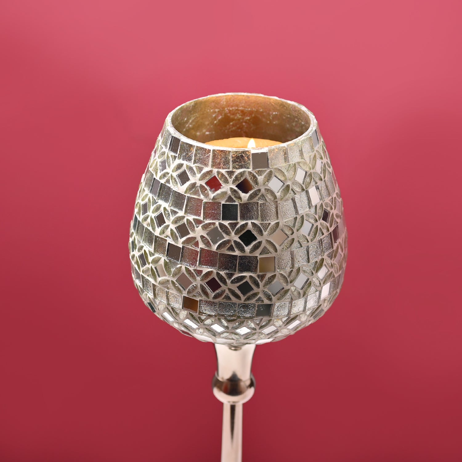 VON CASA Goblet T-Light Holder (Big) – Silver Mosaic Elegance