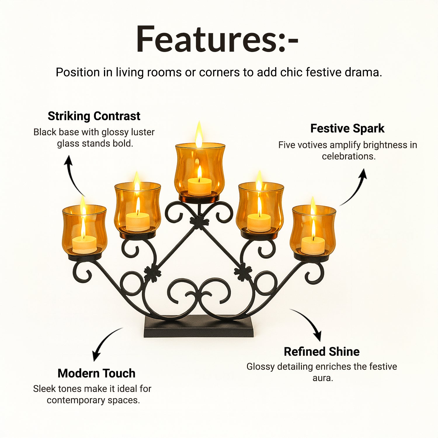 VON CASA 5 Votive T-Light Holder – Black & Golden Luster Glass