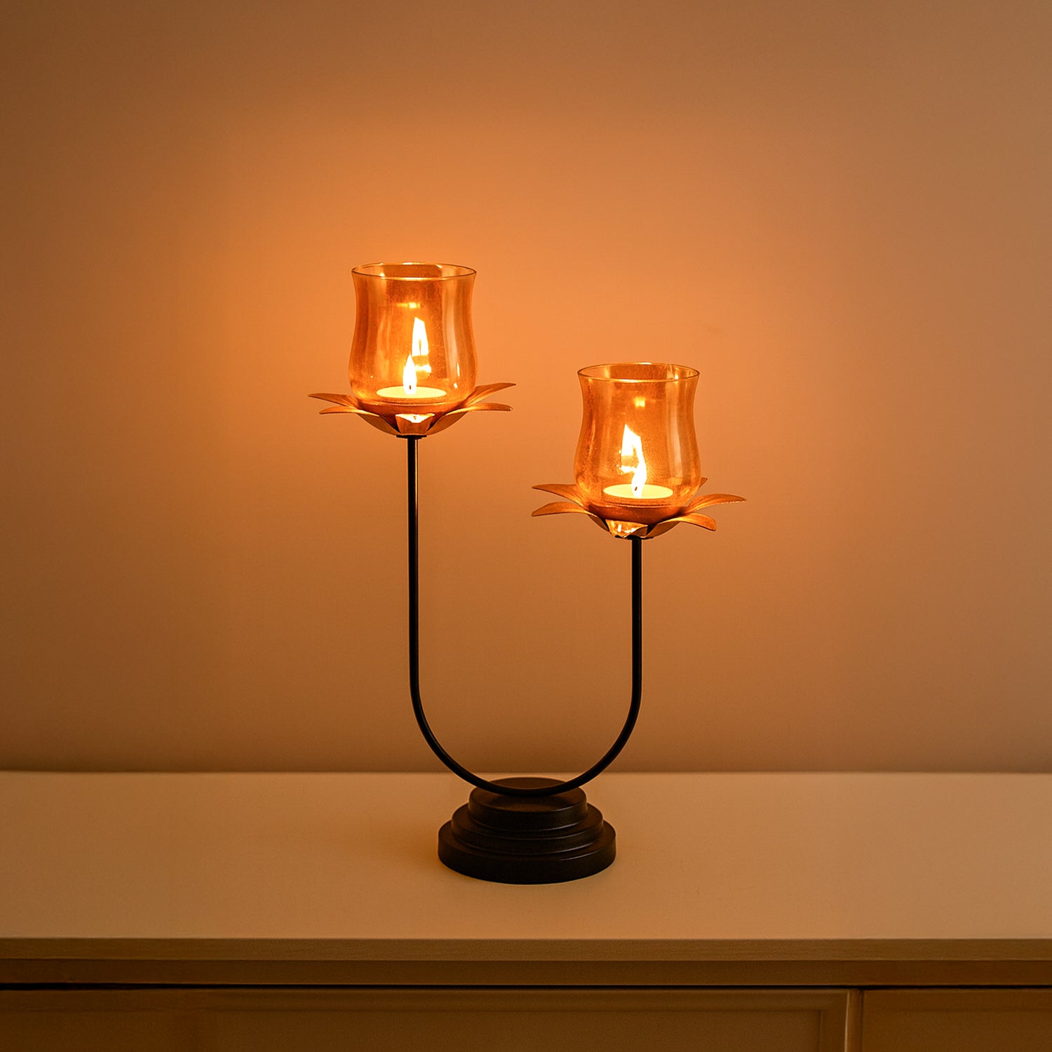 VON CASA Golden 2-Votive U T-Lite Holder – Metal & Glass