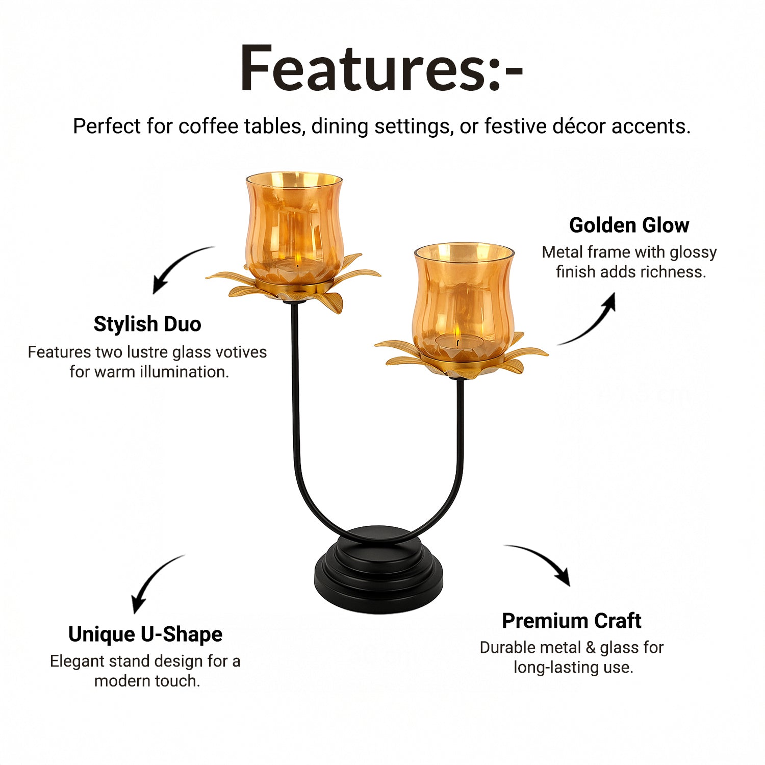 VON CASA Golden 2-Votive U T-Lite Holder – Metal & Glass