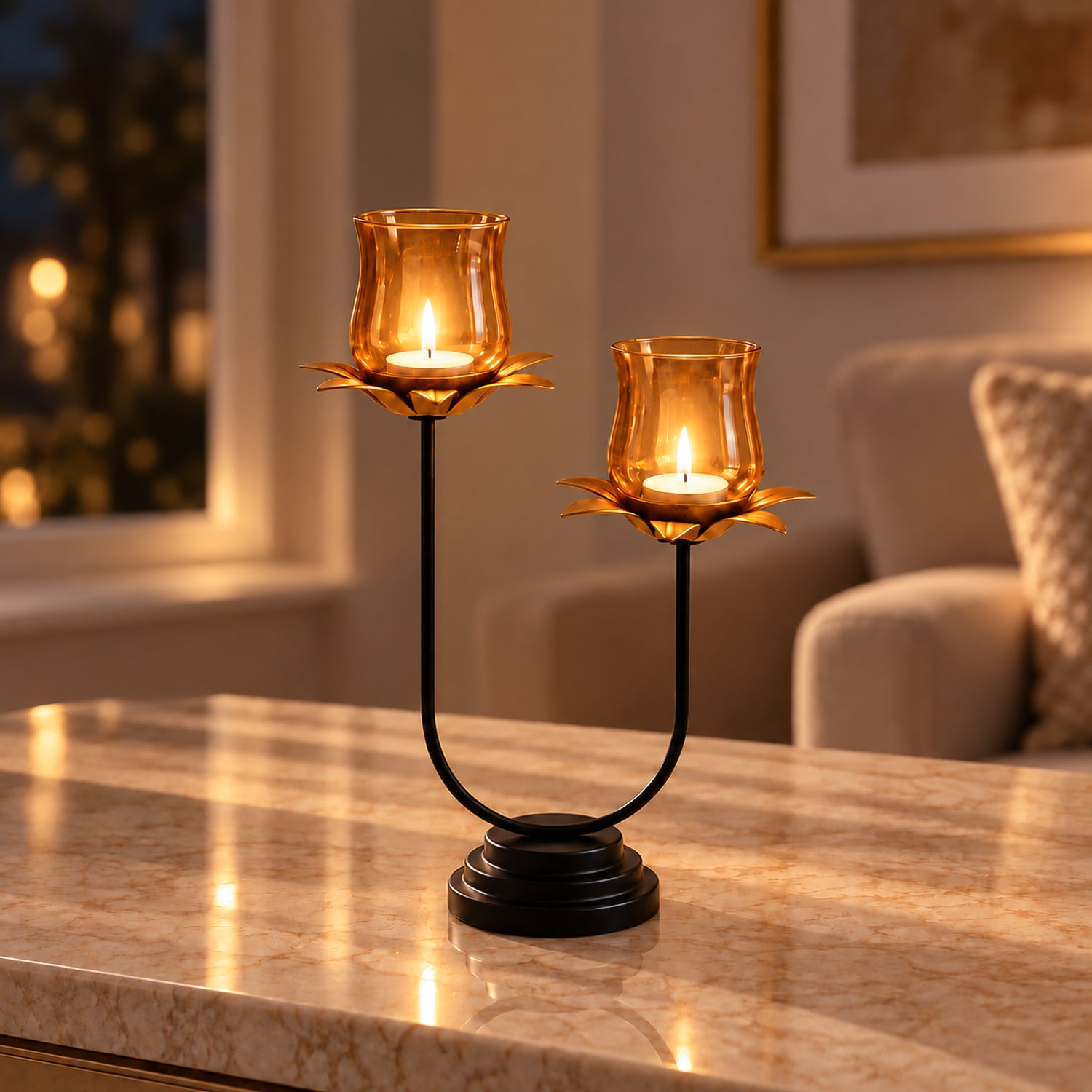 VON CASA Golden 2-Votive U T-Lite Holder – Metal & Glass