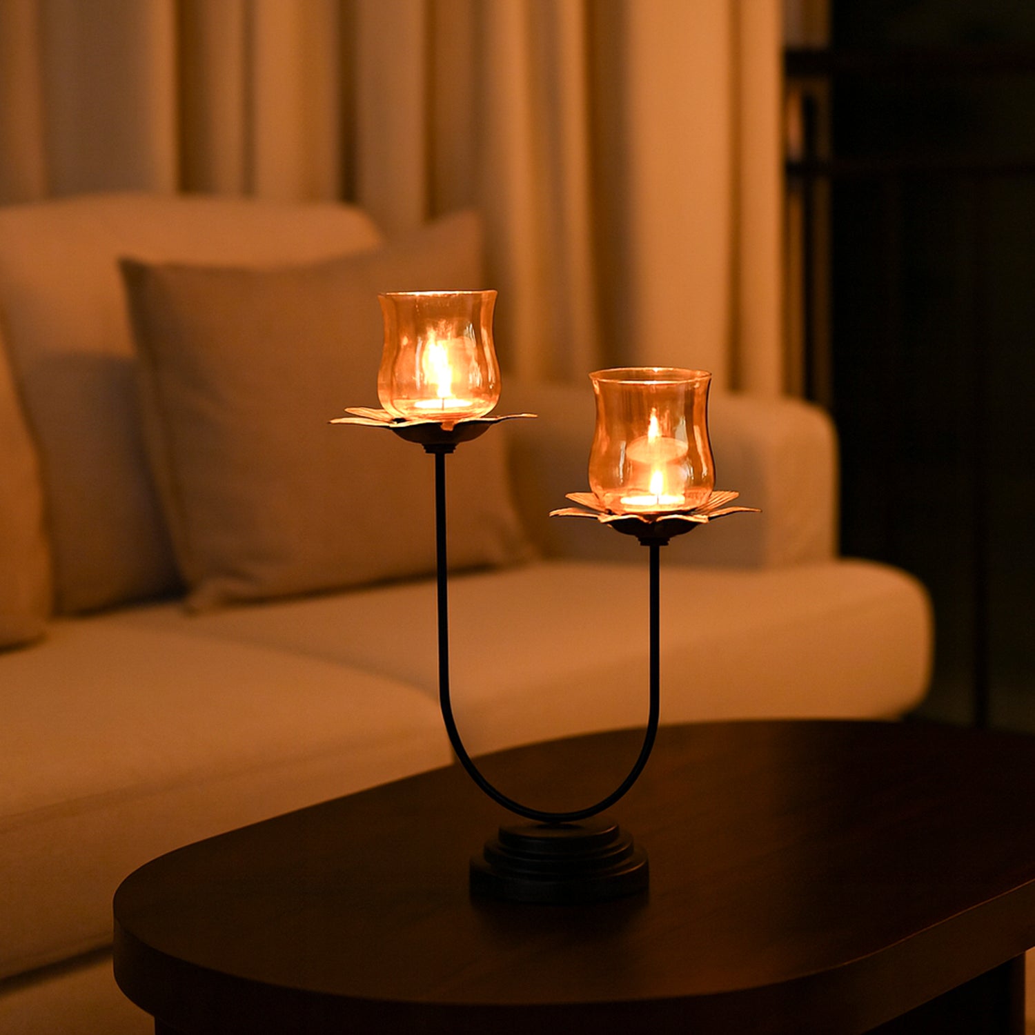 VON CASA Golden 2-Votive U T-Lite Holder – Metal & Glass