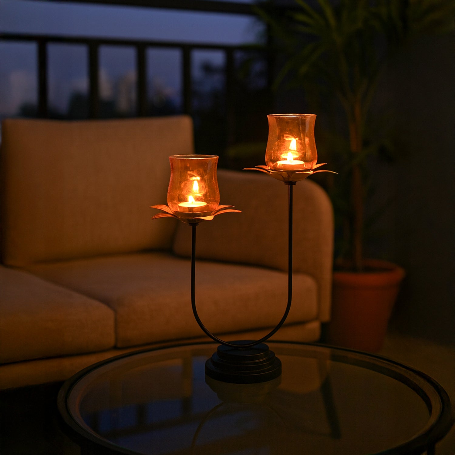 VON CASA Golden 2-Votive U T-Lite Holder – Metal & Glass