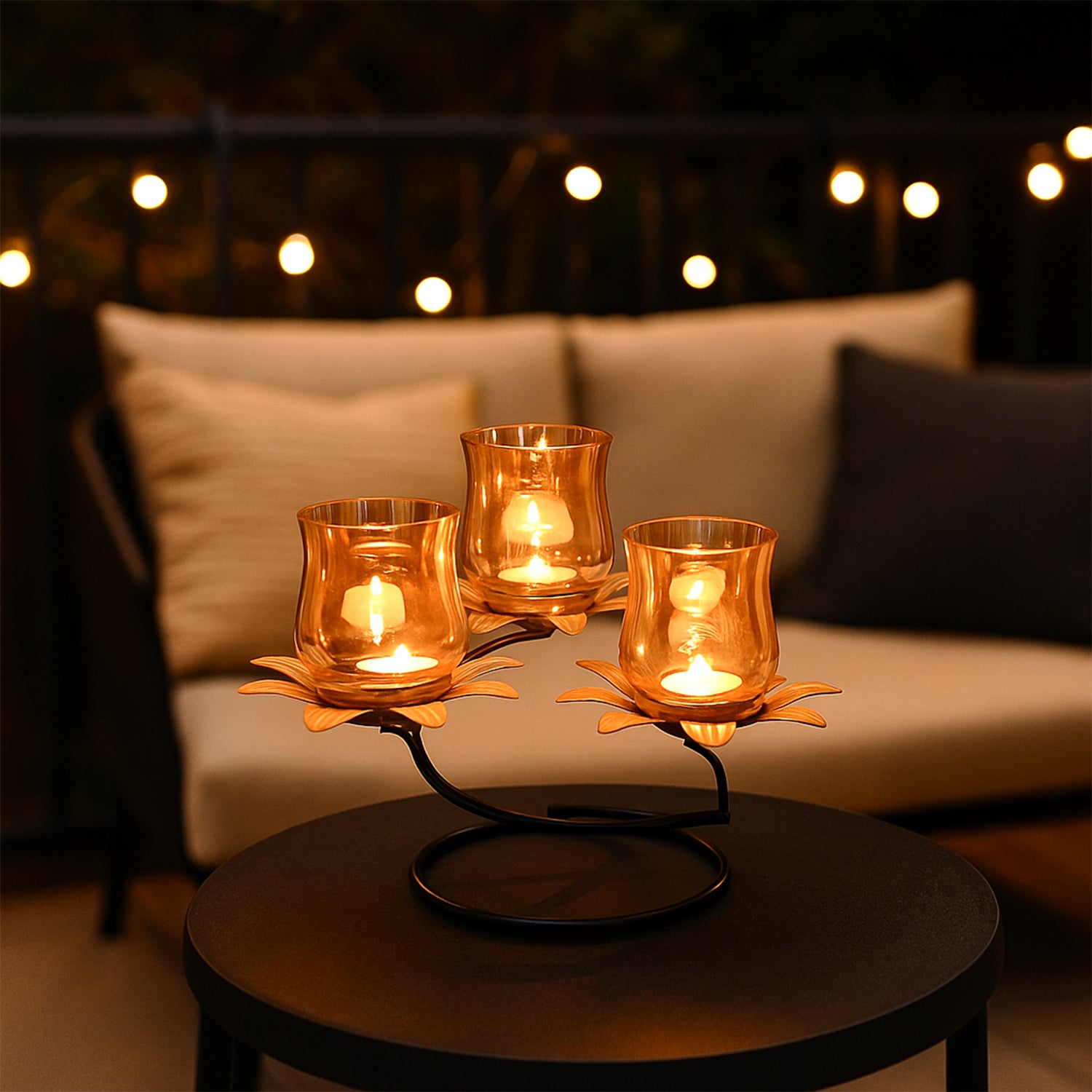 VON CASA Golden 3-Votive T-Lite Holder – Lustre Glass Finish