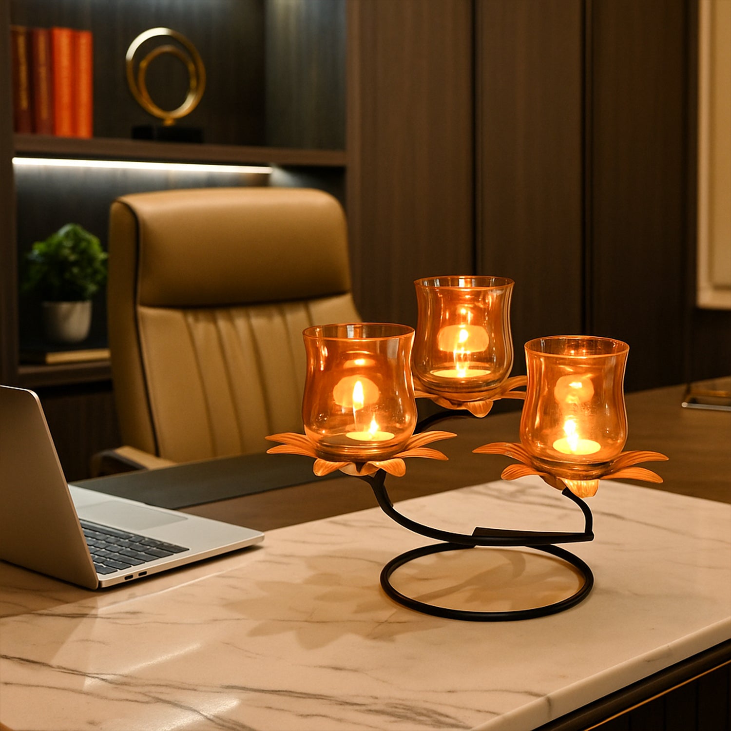VON CASA Golden 3-Votive T-Lite Holder – Lustre Glass Finish