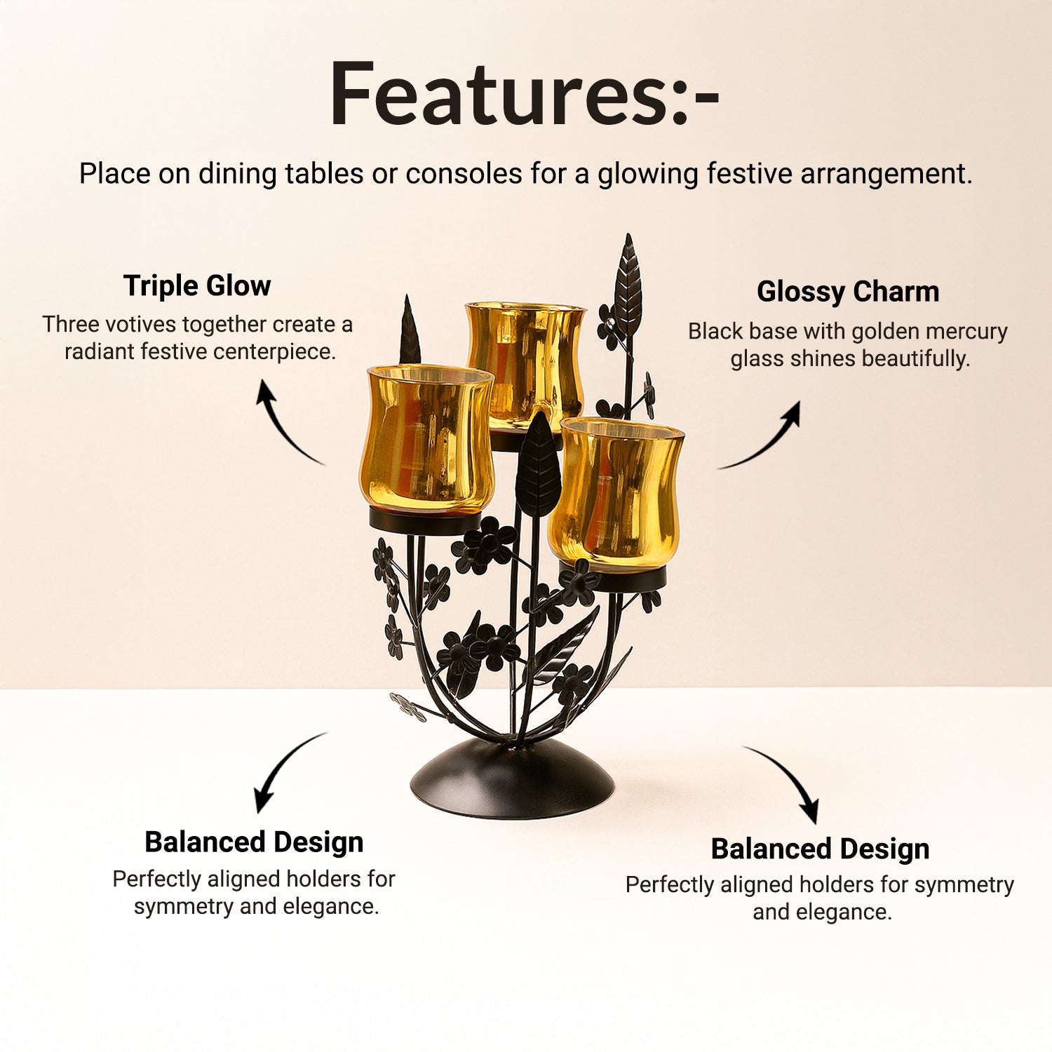 VON CASA 3 Votive T-Light Holder – Black & Golden Mercury Glass