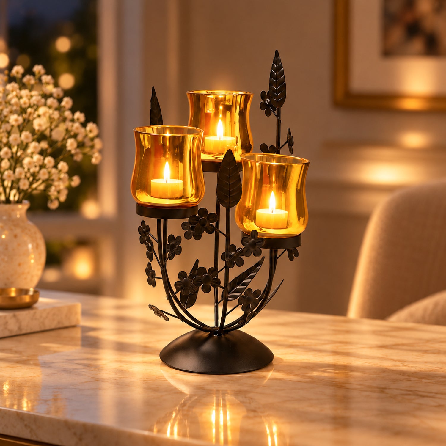 VON CASA 3 Votive T-Light Holder – Black & Golden Mercury Glass