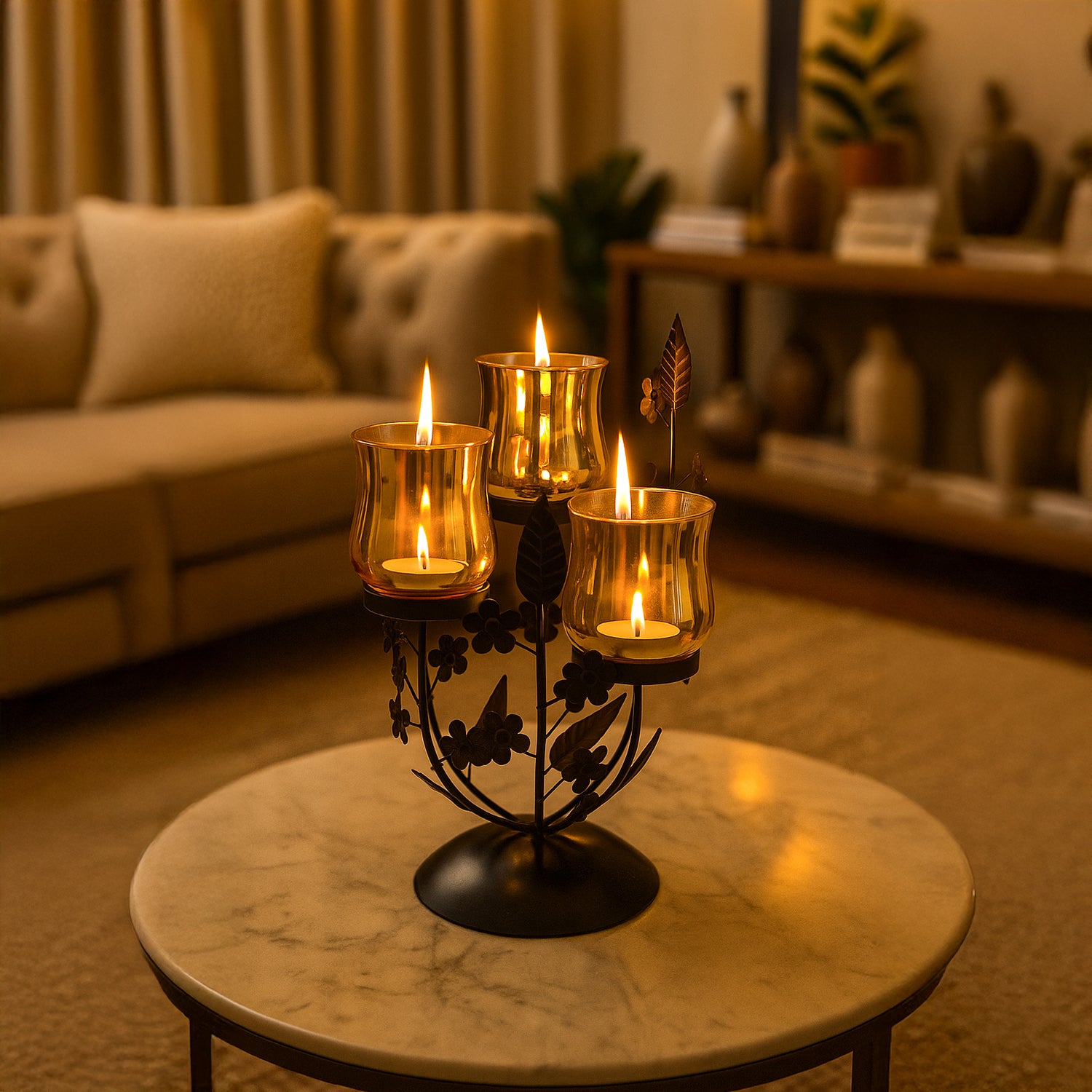 VON CASA 3 Votive T-Light Holder – Black & Golden Mercury Glass