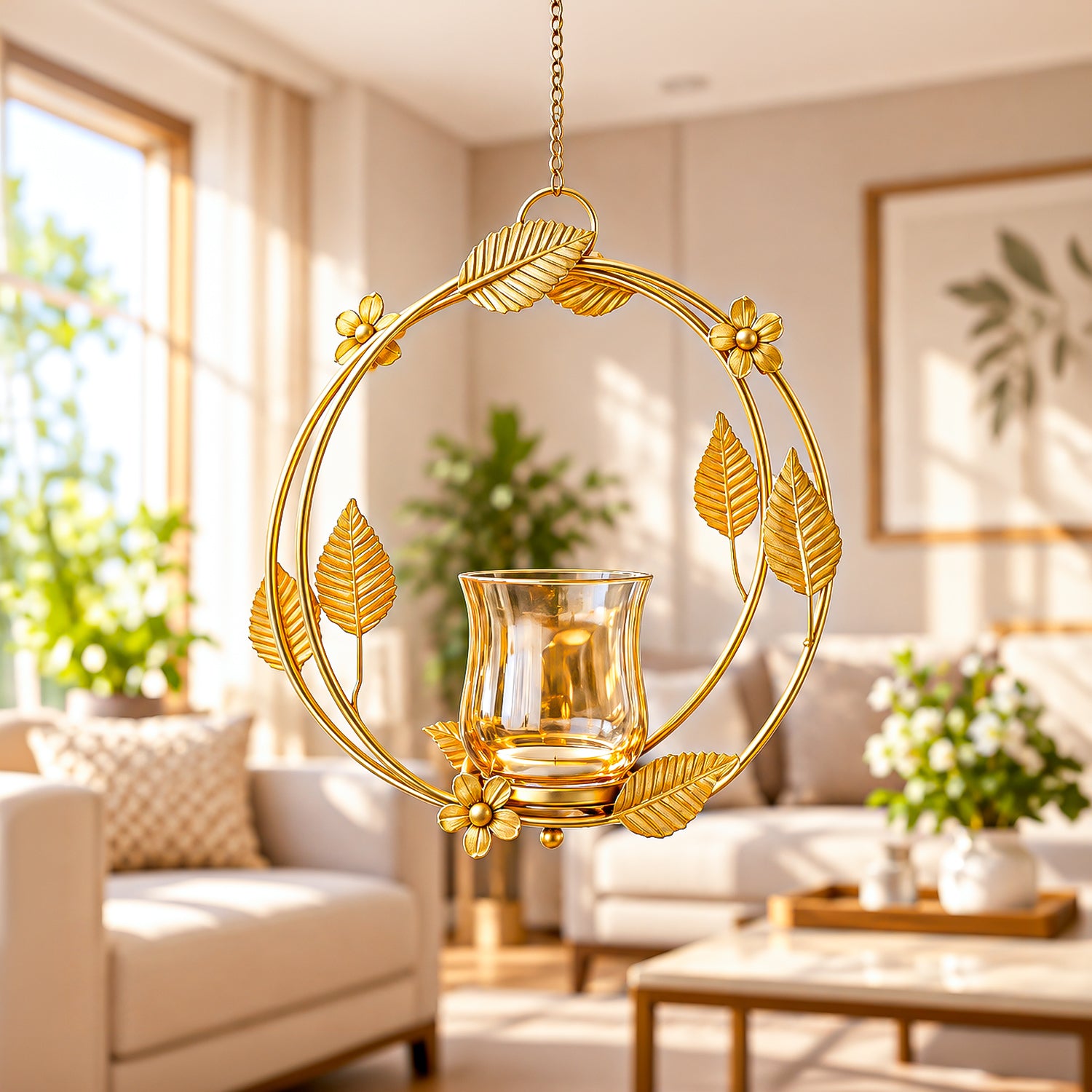 VON CASA Hanging T-Light Holder – Golden Circle with Luster Glass