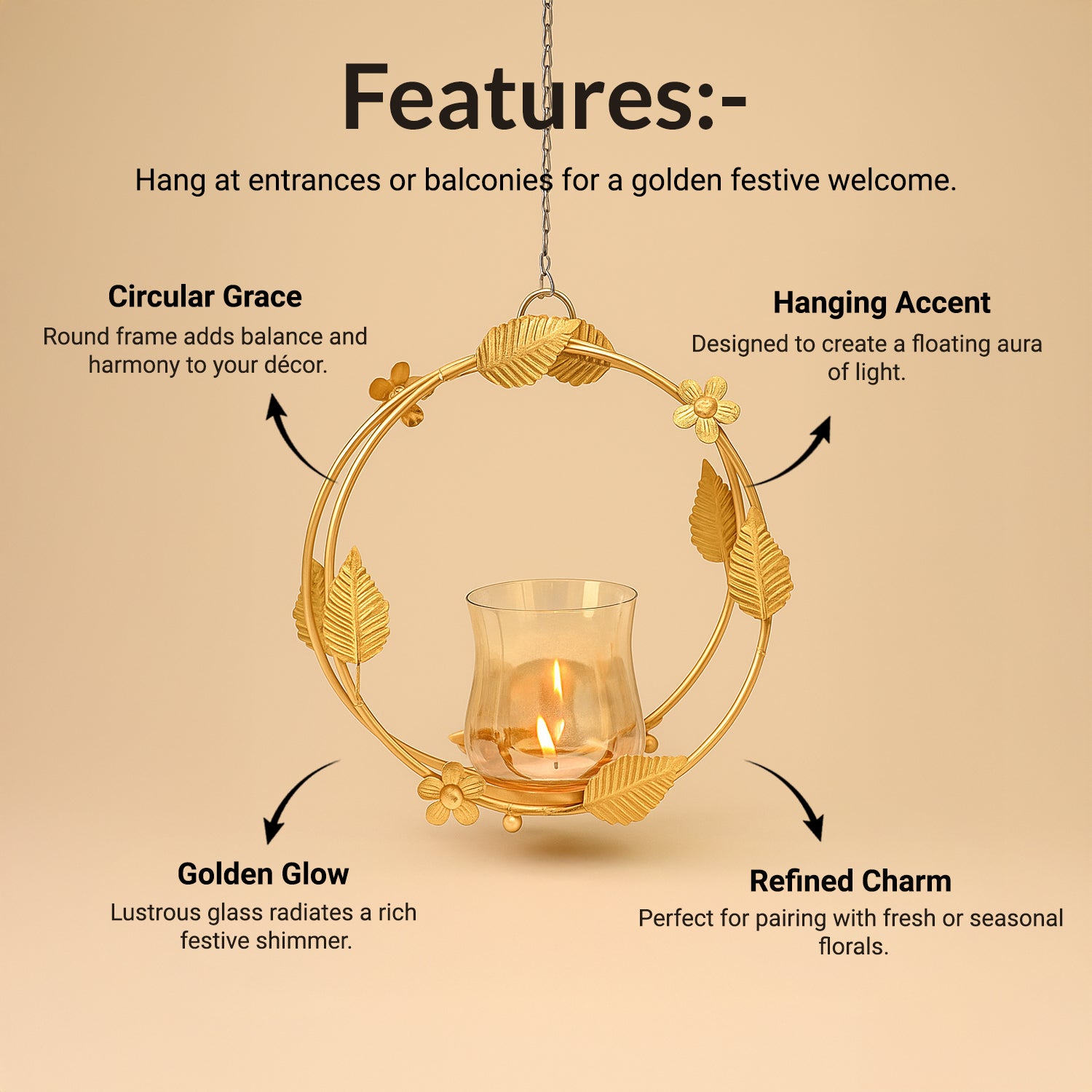 VON CASA Hanging T-Light Holder – Golden Circle with Luster Glass