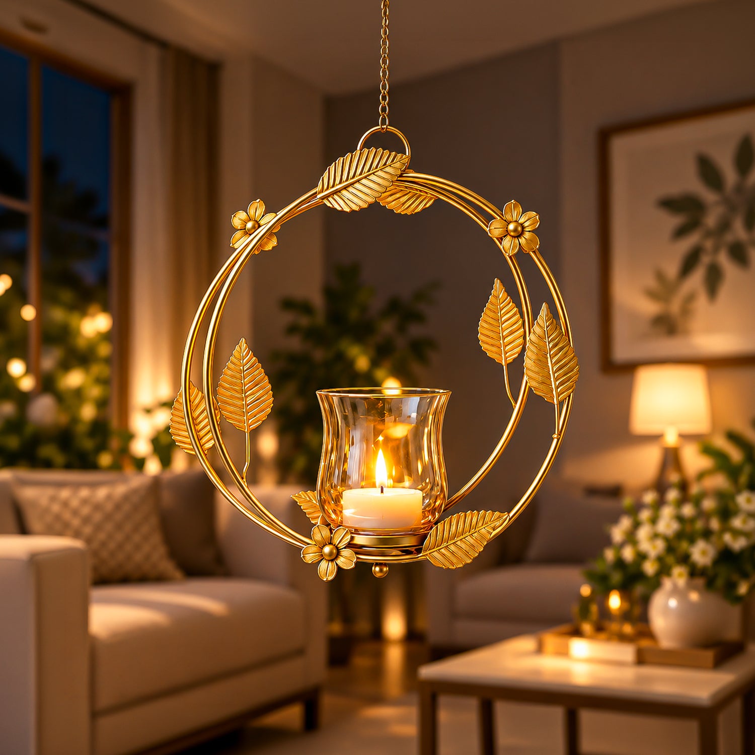 VON CASA Hanging T-Light Holder – Golden Circle with Luster Glass
