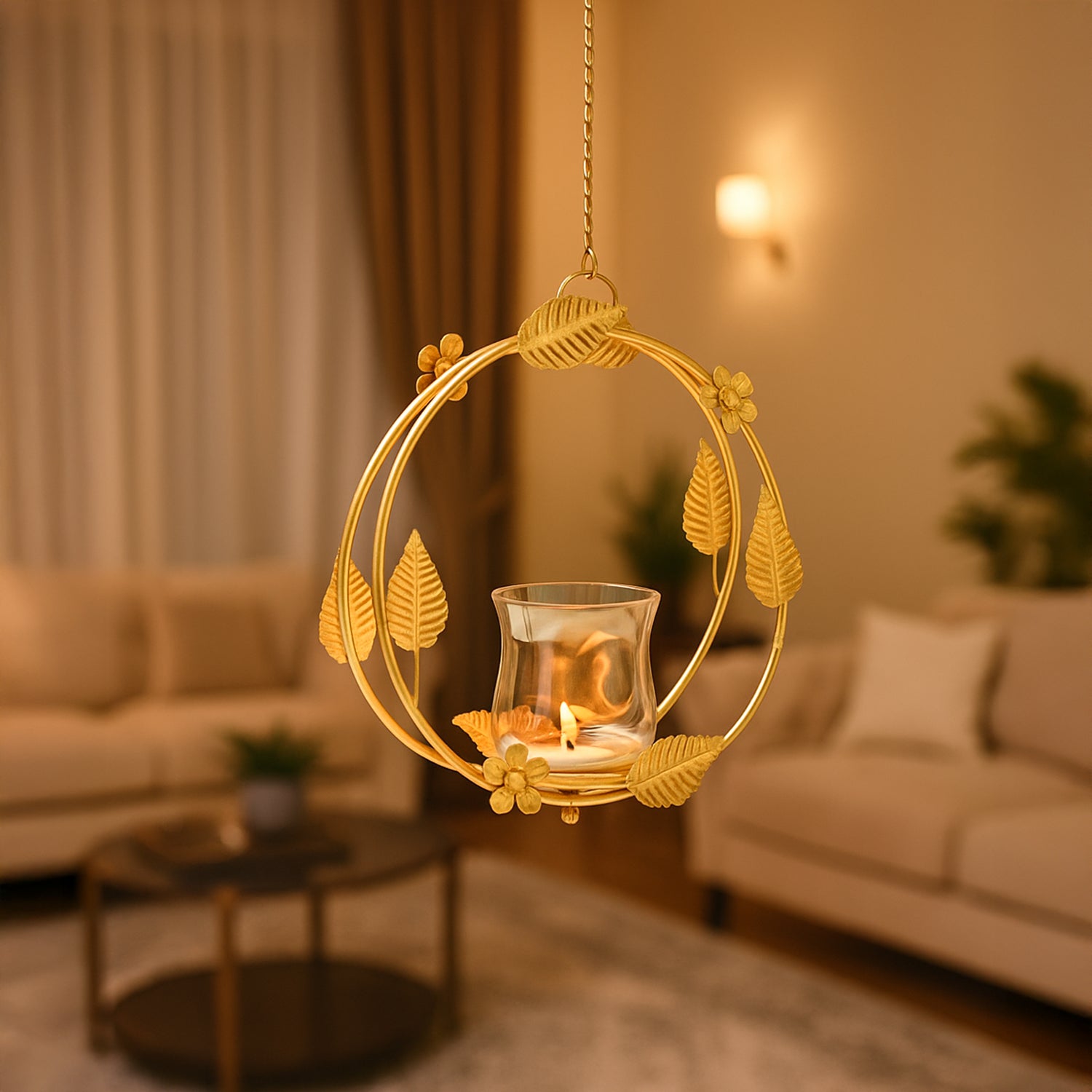 VON CASA Hanging T-Light Holder – Golden Circle with Luster Glass