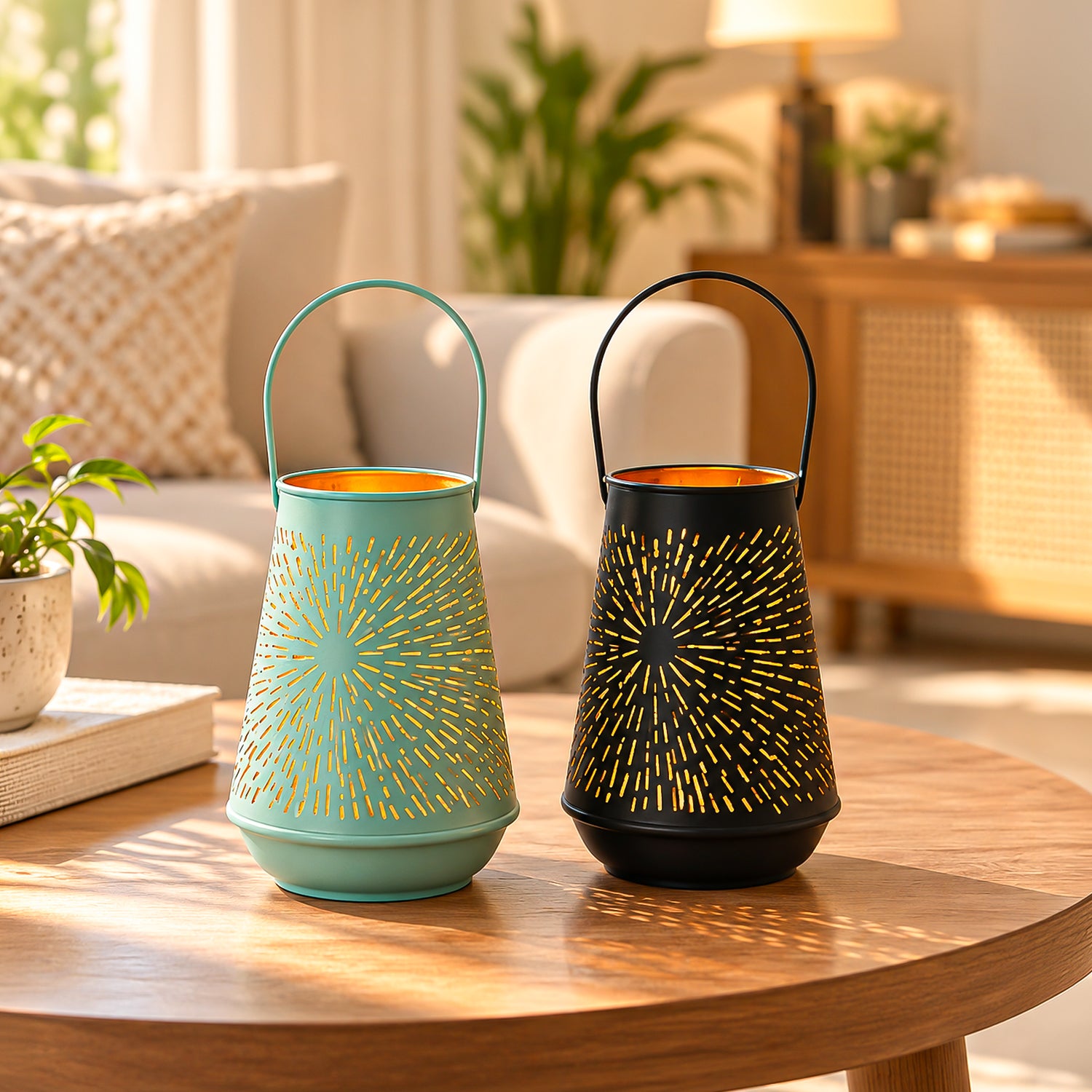 VON CASA Set of 2 Turquoise & Black T-Lite Holders – Rays Etching Design
