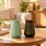 VON CASA Set of 2 Turquoise & Black T-Lite Holders – Rays Etching Design