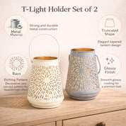 VON CASA Set of 2 Off-White & Grey T-Lite Holders – Rays Etching Design
