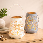 VON CASA Set of 2 Off-White & Grey T-Lite Holders – Rays Etching Design