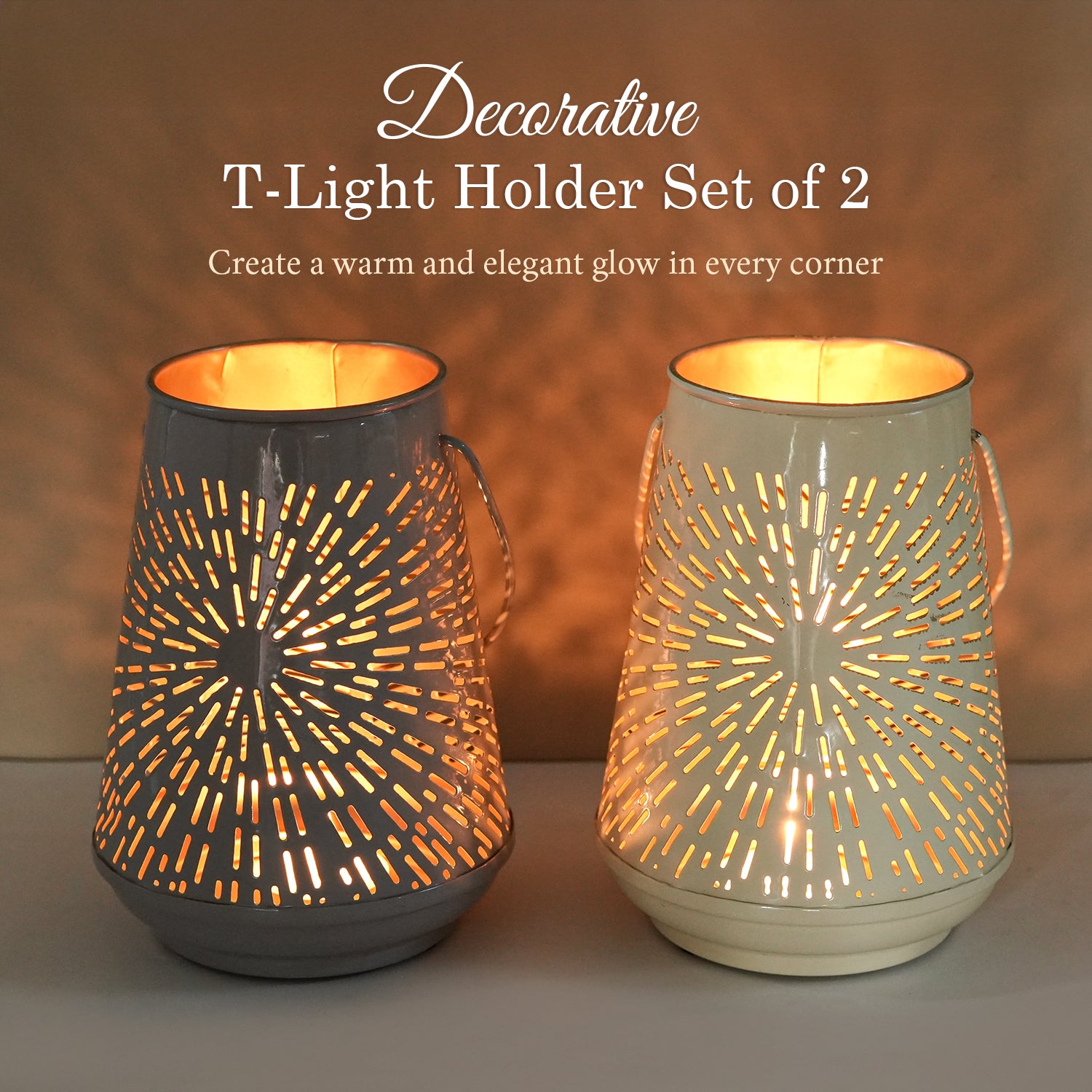 VON CASA Set of 2 Off-White & Grey T-Lite Holders – Rays Etching Design