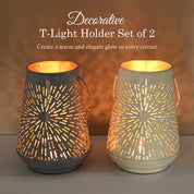 VON CASA Set of 2 Off-White & Grey T-Lite Holders – Rays Etching Design