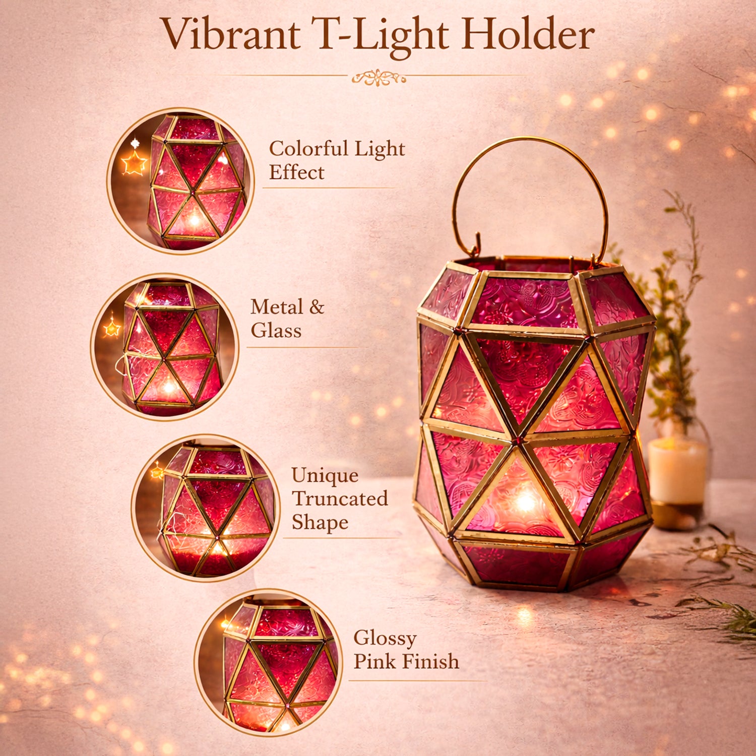 VON CASA T-Light Holder – Fuchsia & Turquoise Truncated Design