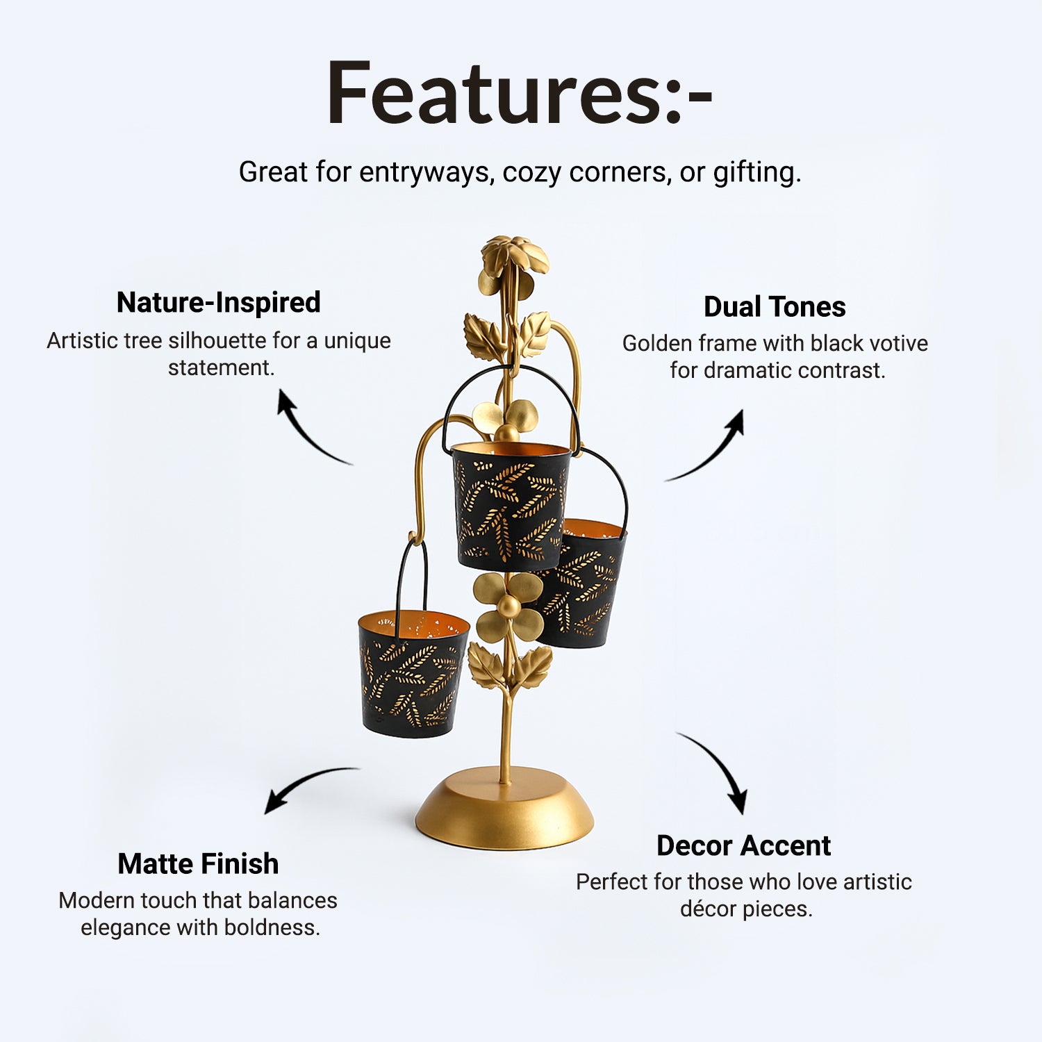 VON CASA Golden & Black Tree-Shaped T-Lite Holder – Matte Finish