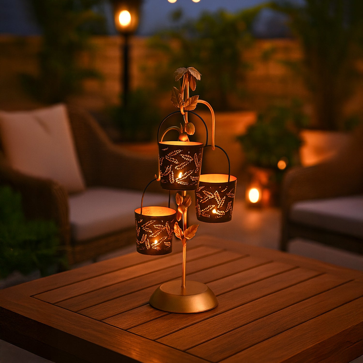 VON CASA Golden & Black Tree-Shaped T-Lite Holder – Matte Finish