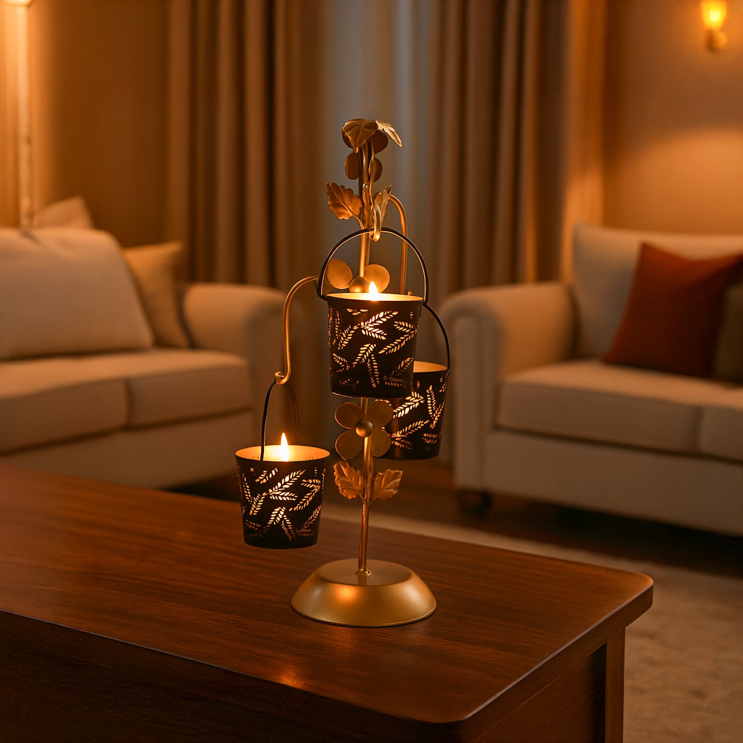 VON CASA Golden & Black Tree-Shaped T-Lite Holder – Matte Finish